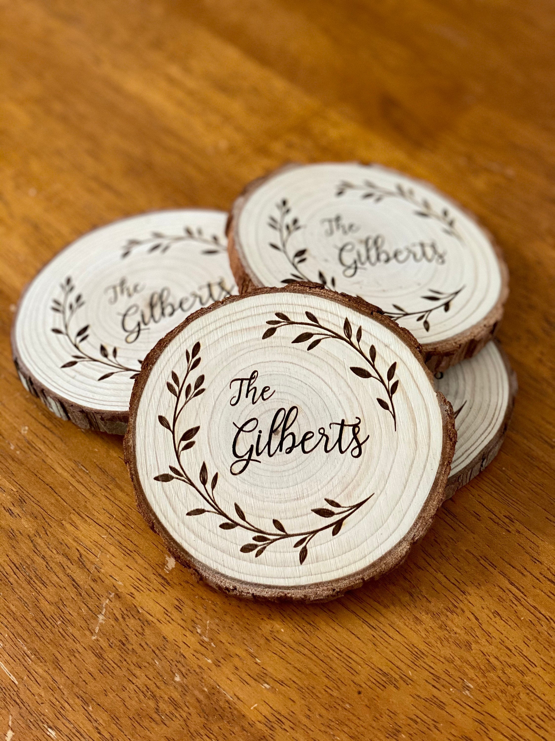 Custom Text Engraved Wood Coaster Set made from Californian Pine, showcasing rustic design and personalized engraving.