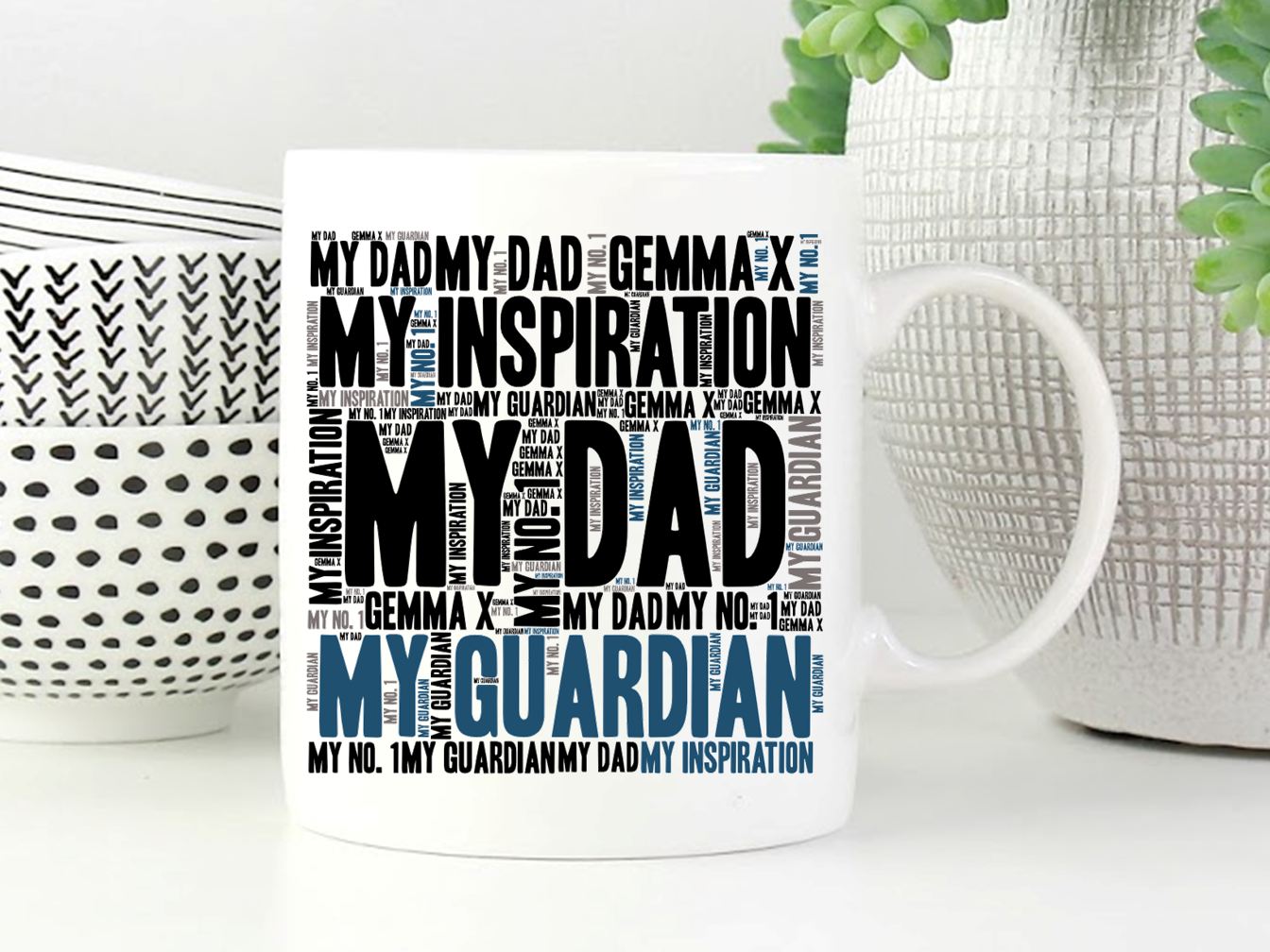 A stylish Dad Personalised Word Art Mug featuring customisable word art, perfect for gifting.