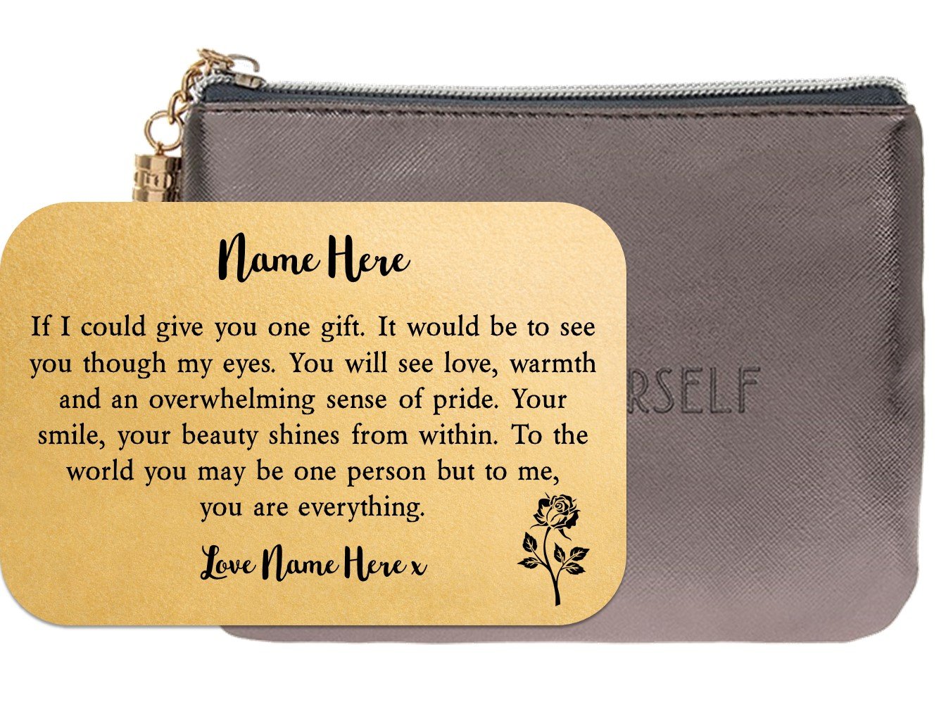 Personalised keepsake wallet card for daughter, featuring elegant design and custom name engraving.