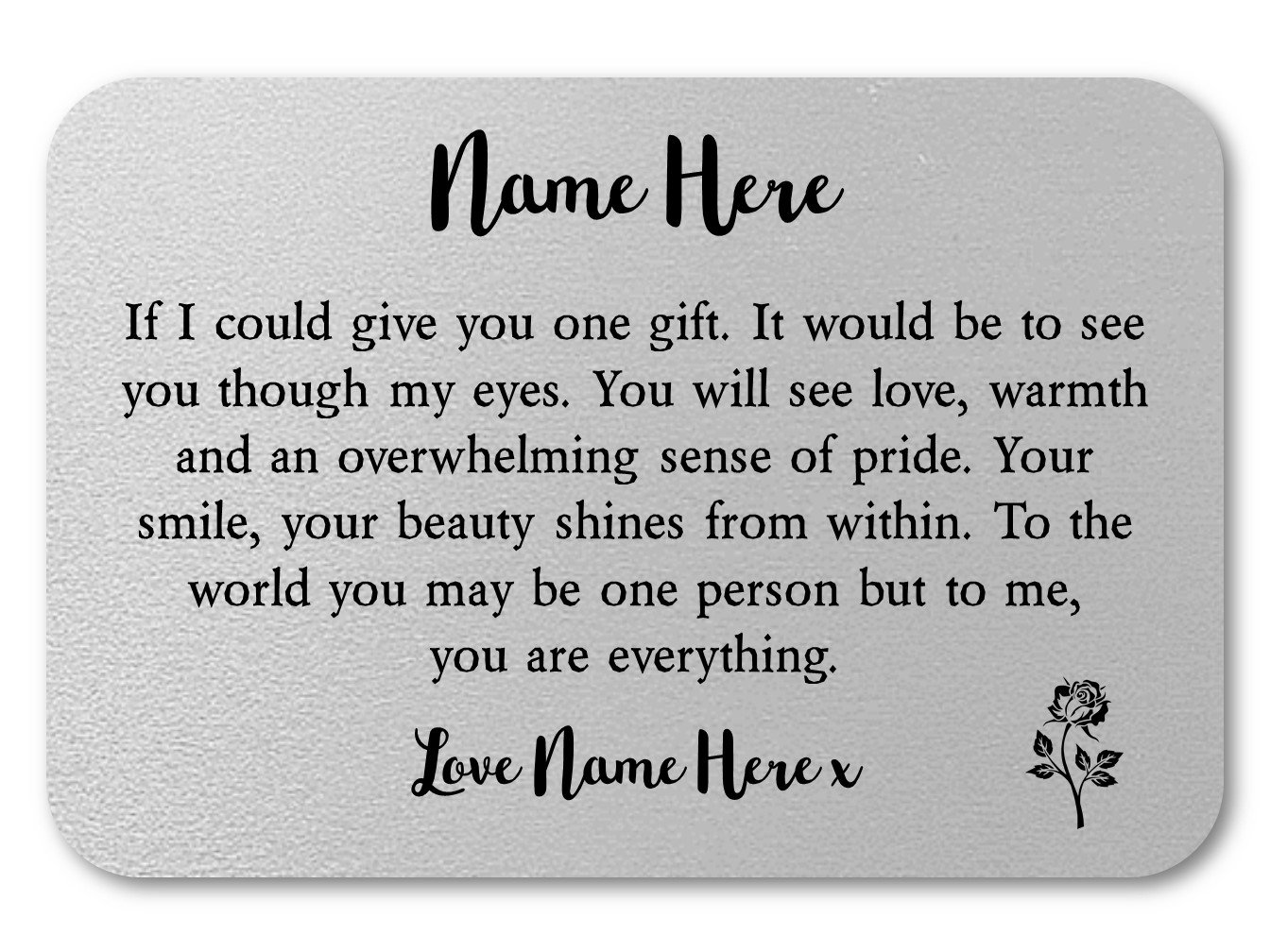 Personalised keepsake wallet card for daughter, featuring elegant design and custom name engraving.