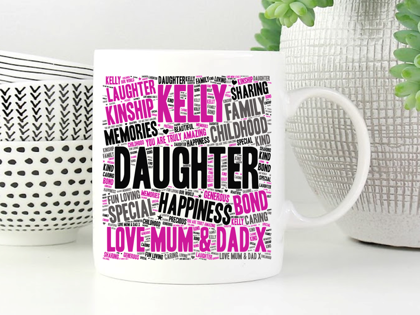 A beautifully designed personalised word art mug for daughters, featuring custom text and a high-quality finish.