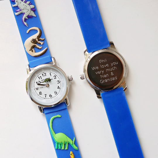 Engraved Kids 3D Dinosaur Watch in blue with a playful dinosaur second hand and personalized engraving.