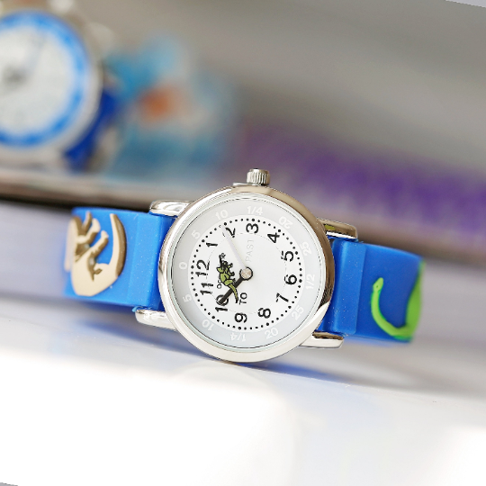 Engraved Kids 3D Dinosaur Watch in blue with a playful dinosaur second hand and personalized engraving.