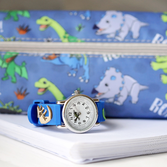 Engraved Kids 3D Dinosaur Watch in blue with a playful dinosaur second hand and personalized engraving.