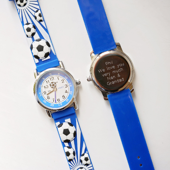 Engraved Kids 3D Football Watch in blue with rotating football second hand and personalised engraving.