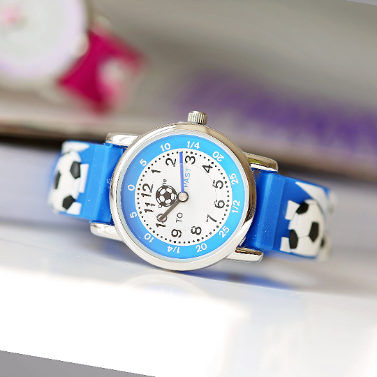 Engraved Kids 3D Football Watch in blue with rotating football second hand and personalised engraving.