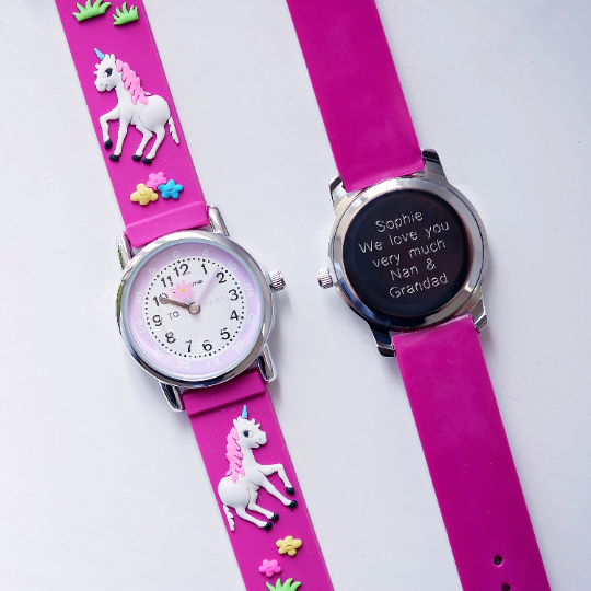 Engraved Kids 3D Unicorn Watch in pink with a rotating unicorn second hand and personalized engraving option.