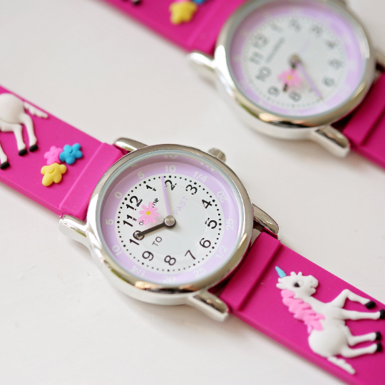 Engraved Kids 3D Unicorn Watch in pink with a rotating unicorn second hand and personalized engraving option.