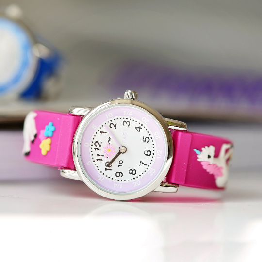 Engraved Kids 3D Unicorn Watch in pink with a rotating unicorn second hand and personalized engraving option.