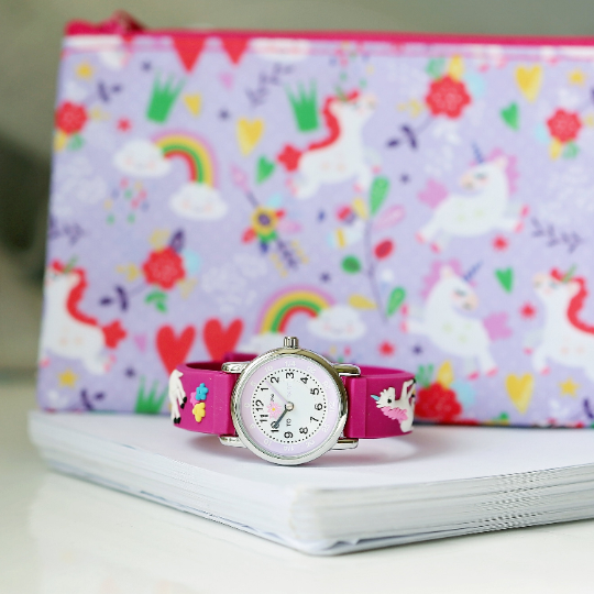 Engraved Kids 3D Unicorn Watch in pink with a rotating unicorn second hand and personalized engraving option.