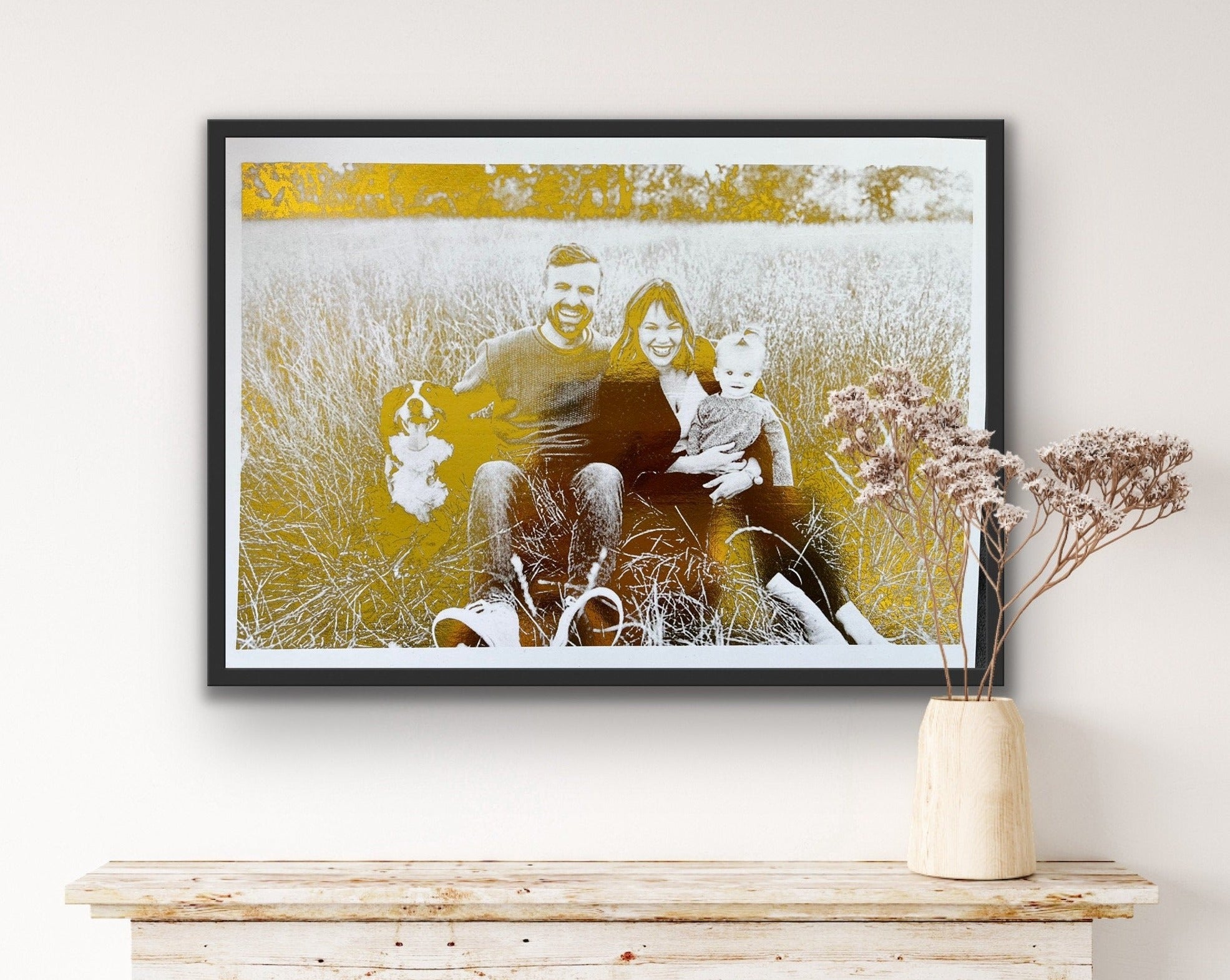 A beautiful Family Portrait Foil Print featuring a customized image with gold foil accents on a white background.