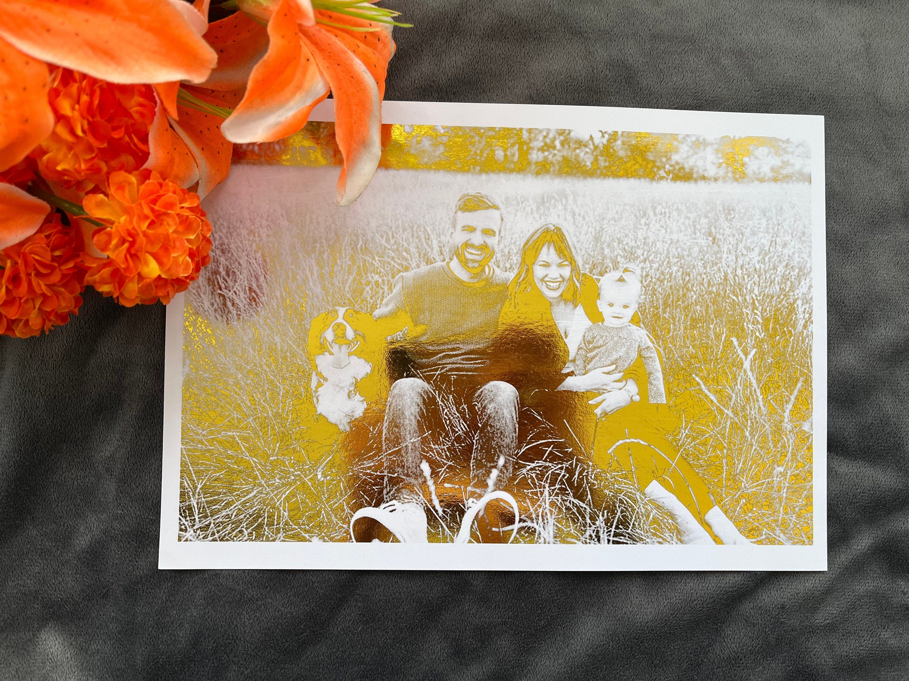 A beautiful Family Portrait Foil Print featuring a customized image with gold foil accents on a white background.