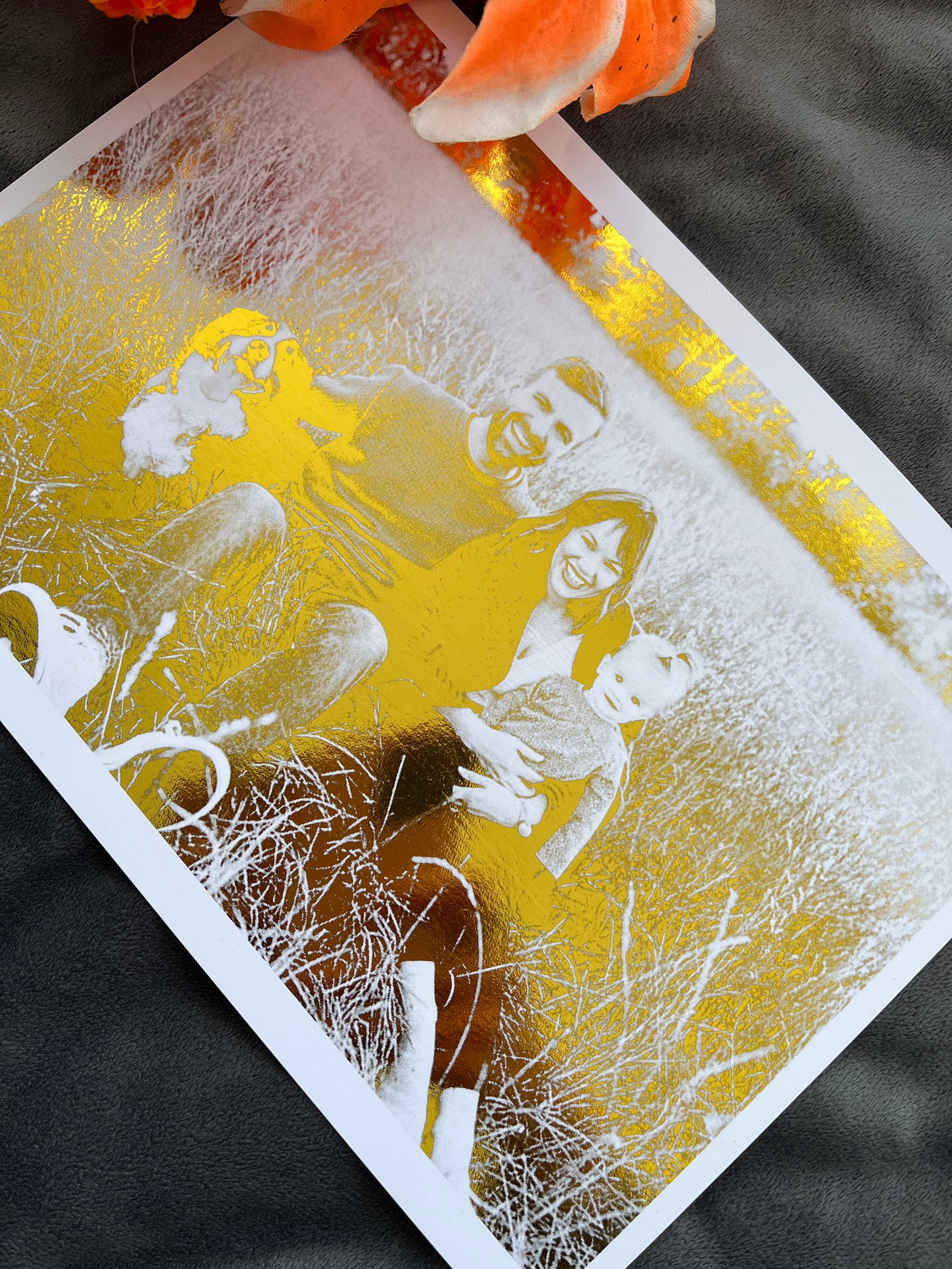 A beautiful Family Portrait Foil Print featuring a customized image with gold foil accents on a white background.