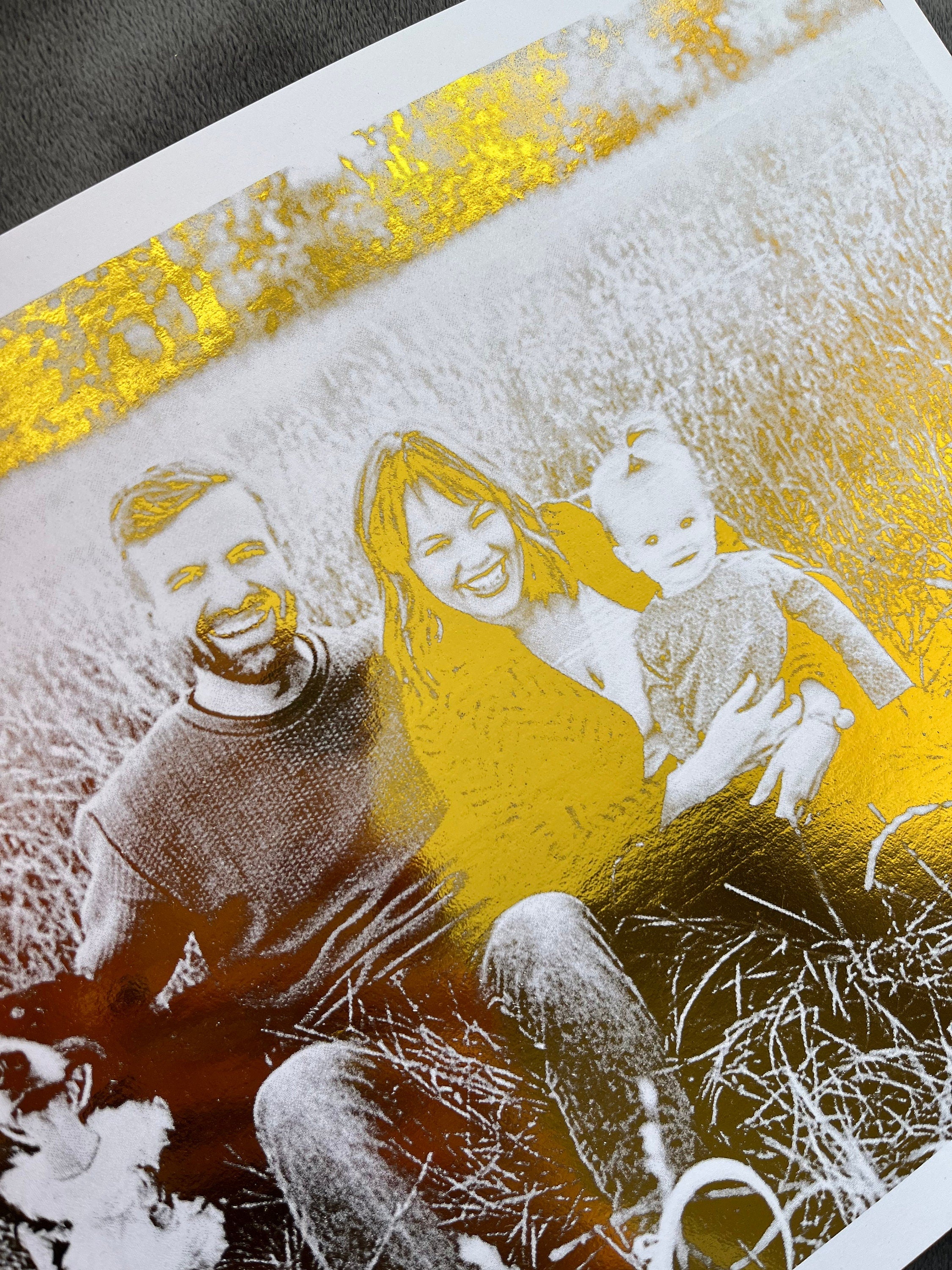 A beautiful Family Portrait Foil Print featuring a customized image with gold foil accents on a white background.