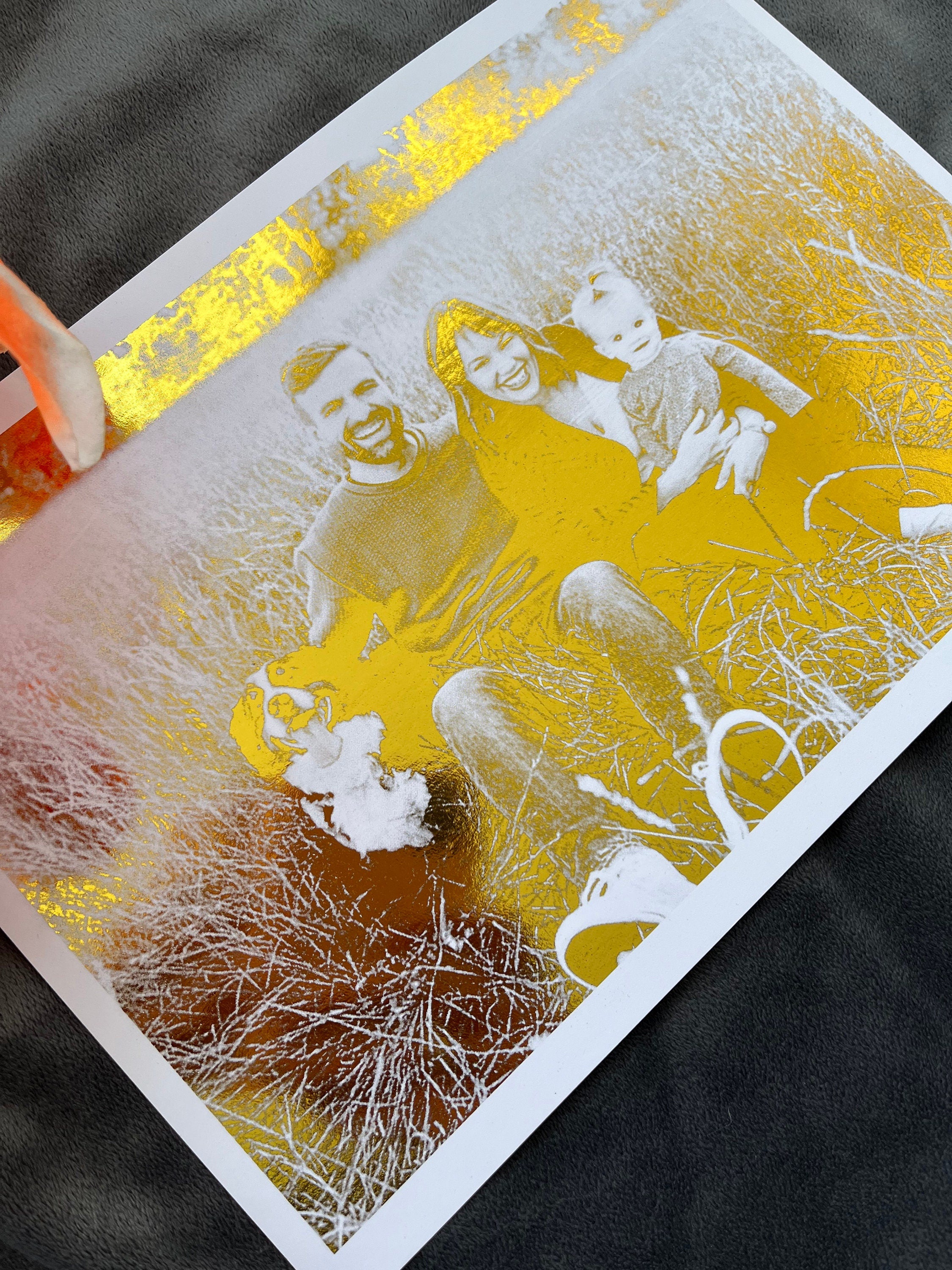 A beautiful Family Portrait Foil Print featuring a customized image with gold foil accents on a white background.