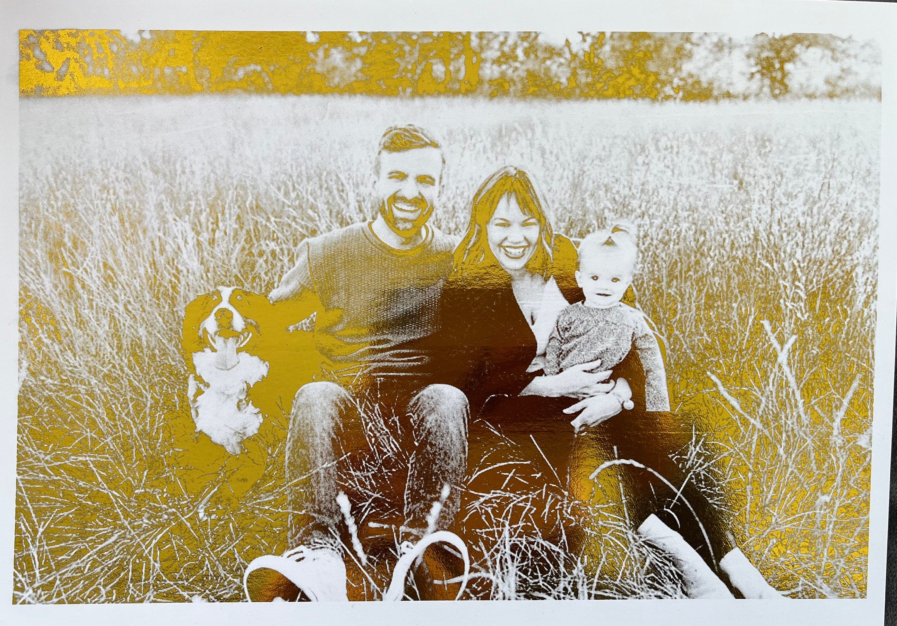 A beautiful Family Portrait Foil Print featuring a customized image with gold foil accents on a white background.