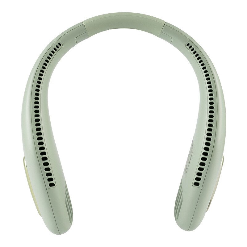 Fashionable portable hands-free bladeless neck fan in white, designed for stylish cooling with turbocharged airflow.