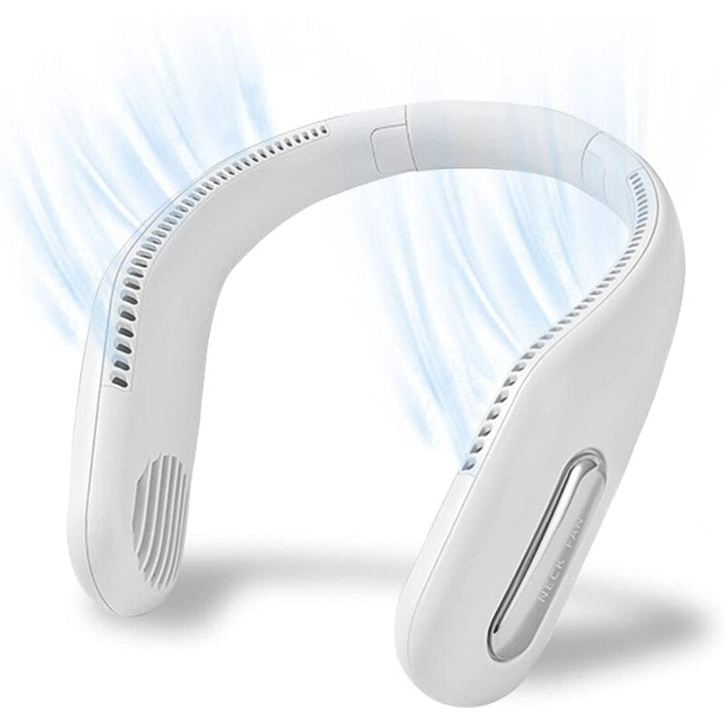 Fashionable portable hands-free bladeless neck fan in white, designed for stylish cooling with turbocharged airflow.