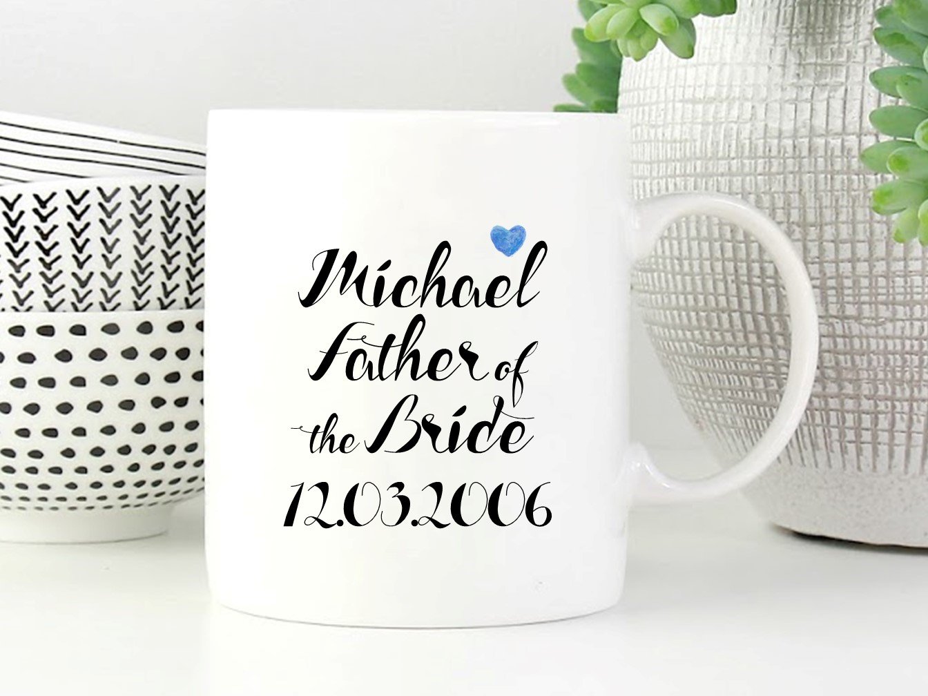 A beautifully designed personalised mug for the Father of the Bride, featuring custom names and date, perfect for a wedding thank you gift.