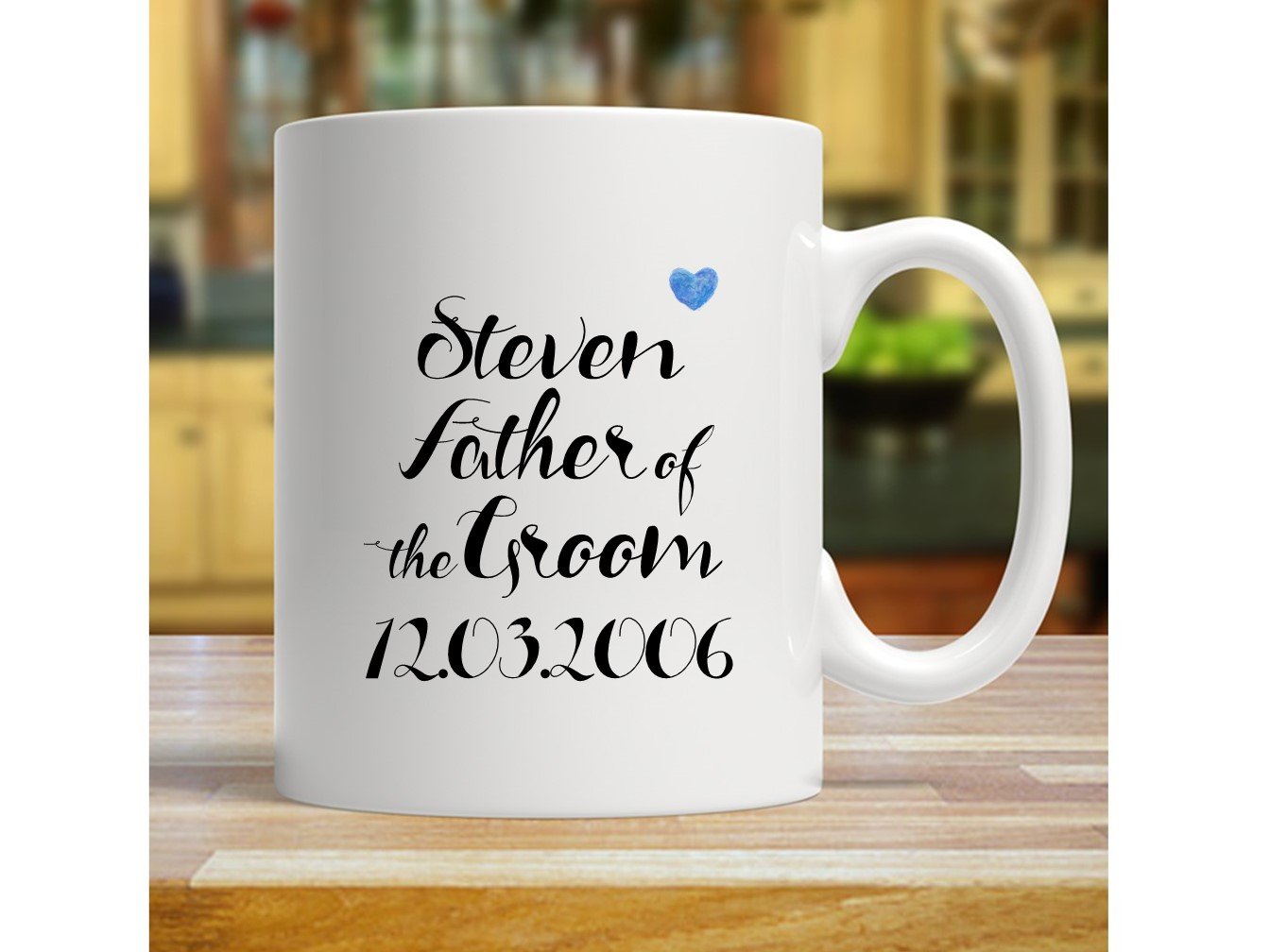 A beautifully designed personalised mug for the Father of the Bride, featuring custom names and date, perfect for a wedding thank you gift.