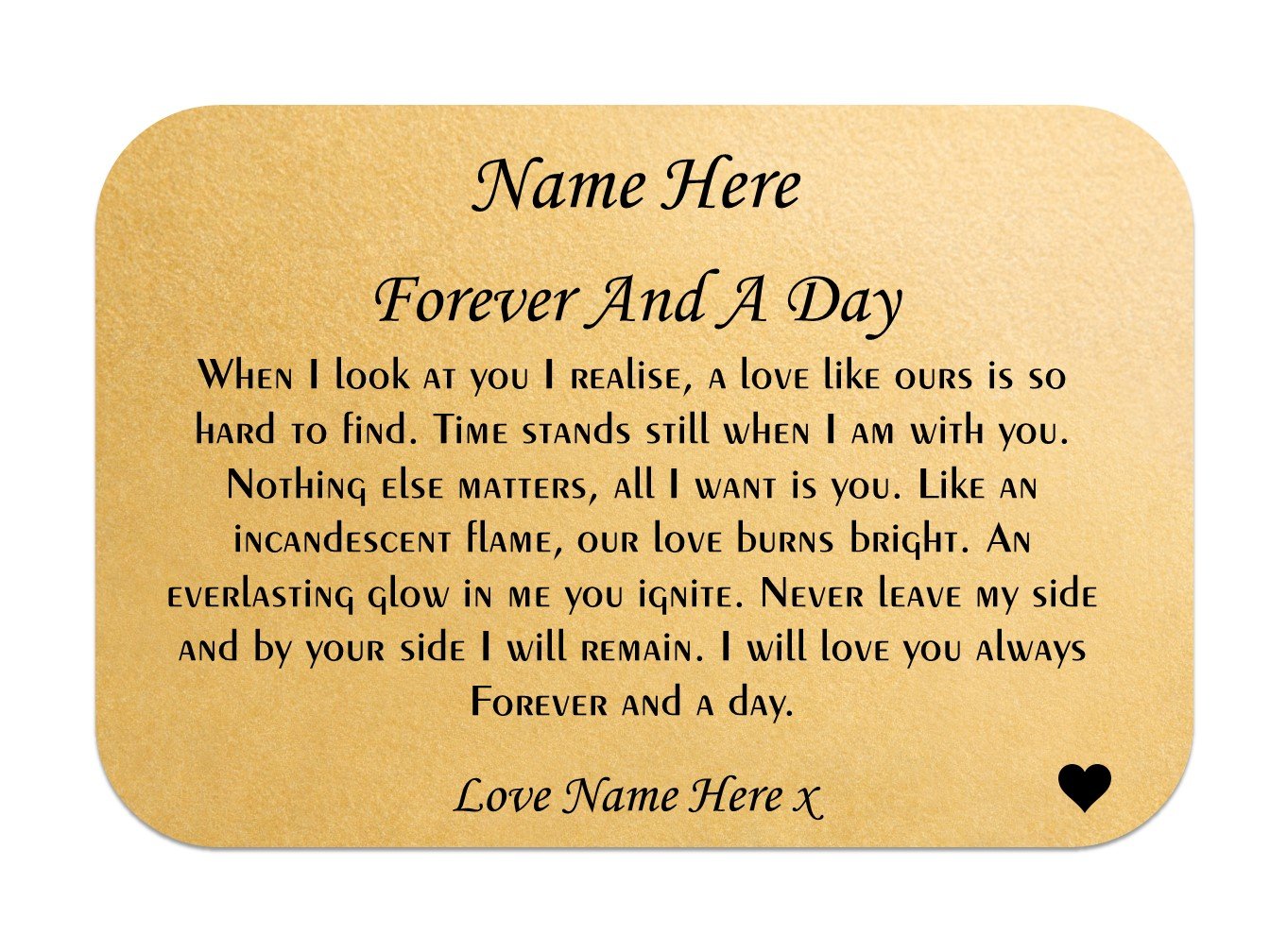 A beautifully crafted personalised love wallet card in gold and silver finishes, perfect for expressing love.