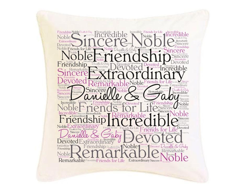 Personalised Friendship Word Art Silk Cushion featuring custom phrases, soft texture, and elegant design.