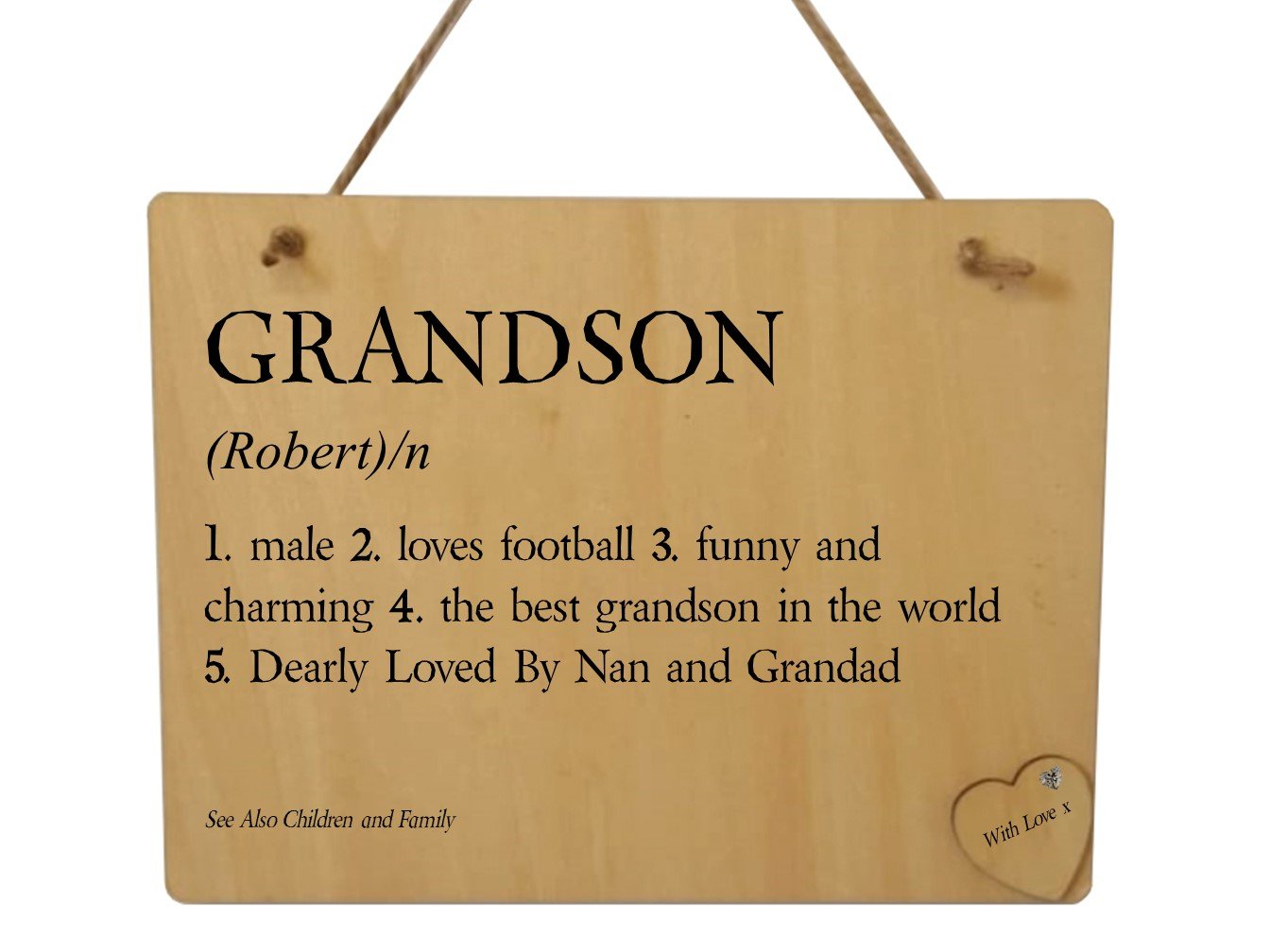 Personalised wooden plaque featuring grandson definitions, elegantly designed for home decor.