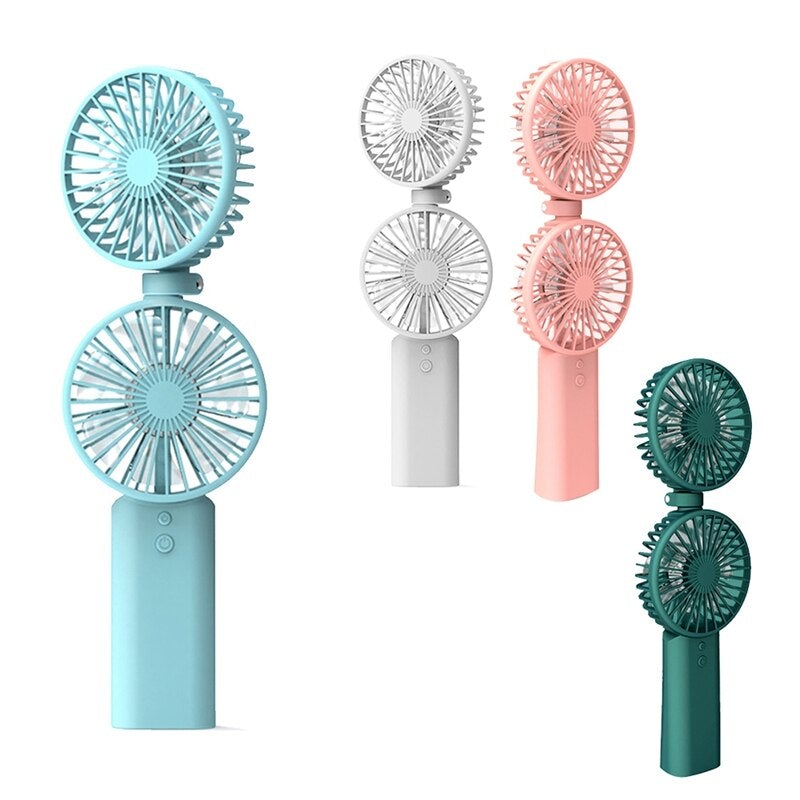 Handheld USB Mini Double Head Summer Cooler Fan in blue, featuring dual heads for adjustable airflow and a compact design for portability.