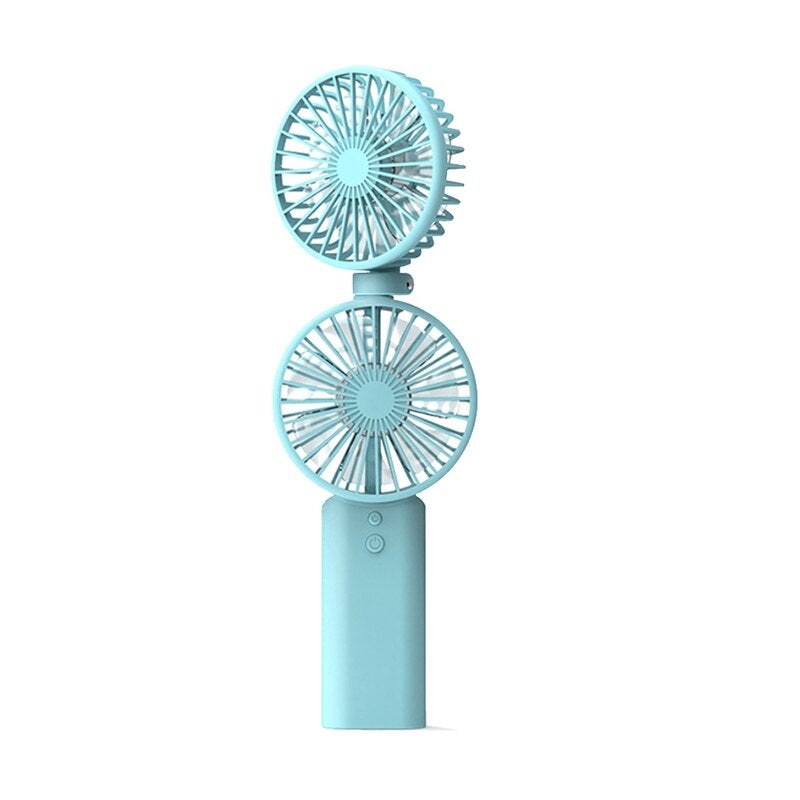 Handheld USB Mini Double Head Summer Cooler Fan in blue, featuring dual heads for adjustable airflow and a compact design for portability.