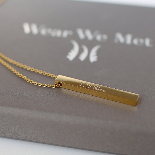 Handwriting Bar Necklace in Silver, Gold, and Rose Gold with personalized engraving options.