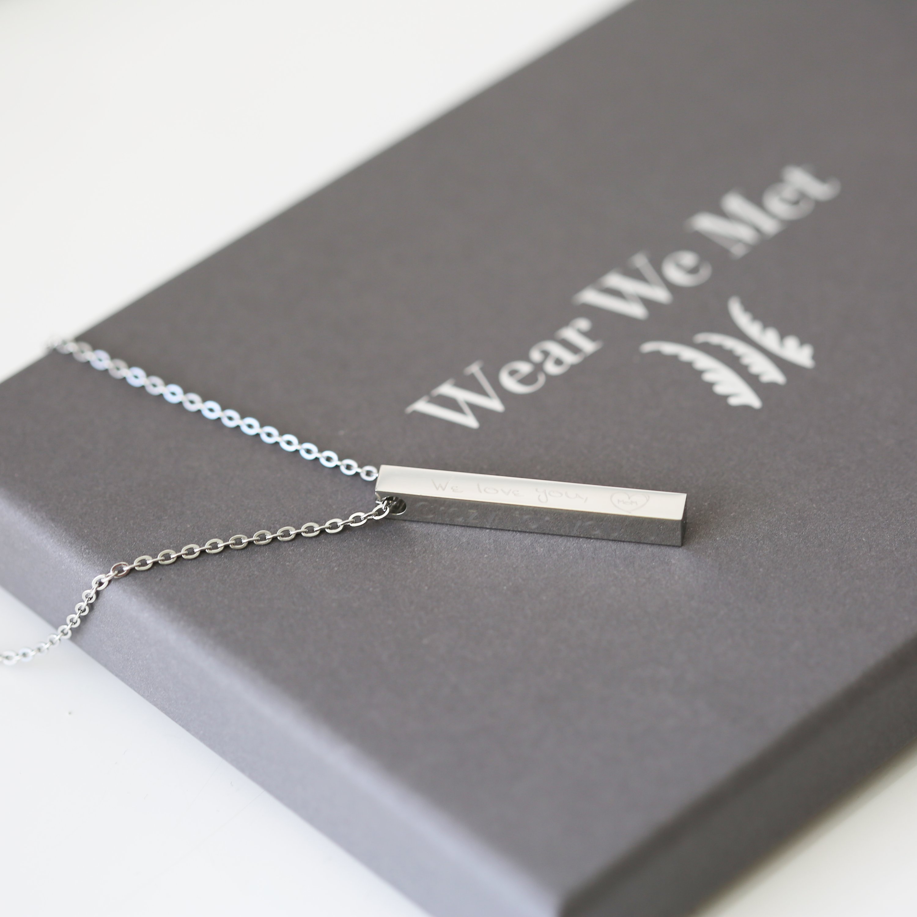 Handwriting Bar Necklace in Silver, Gold, and Rose Gold with personalized engraving options.