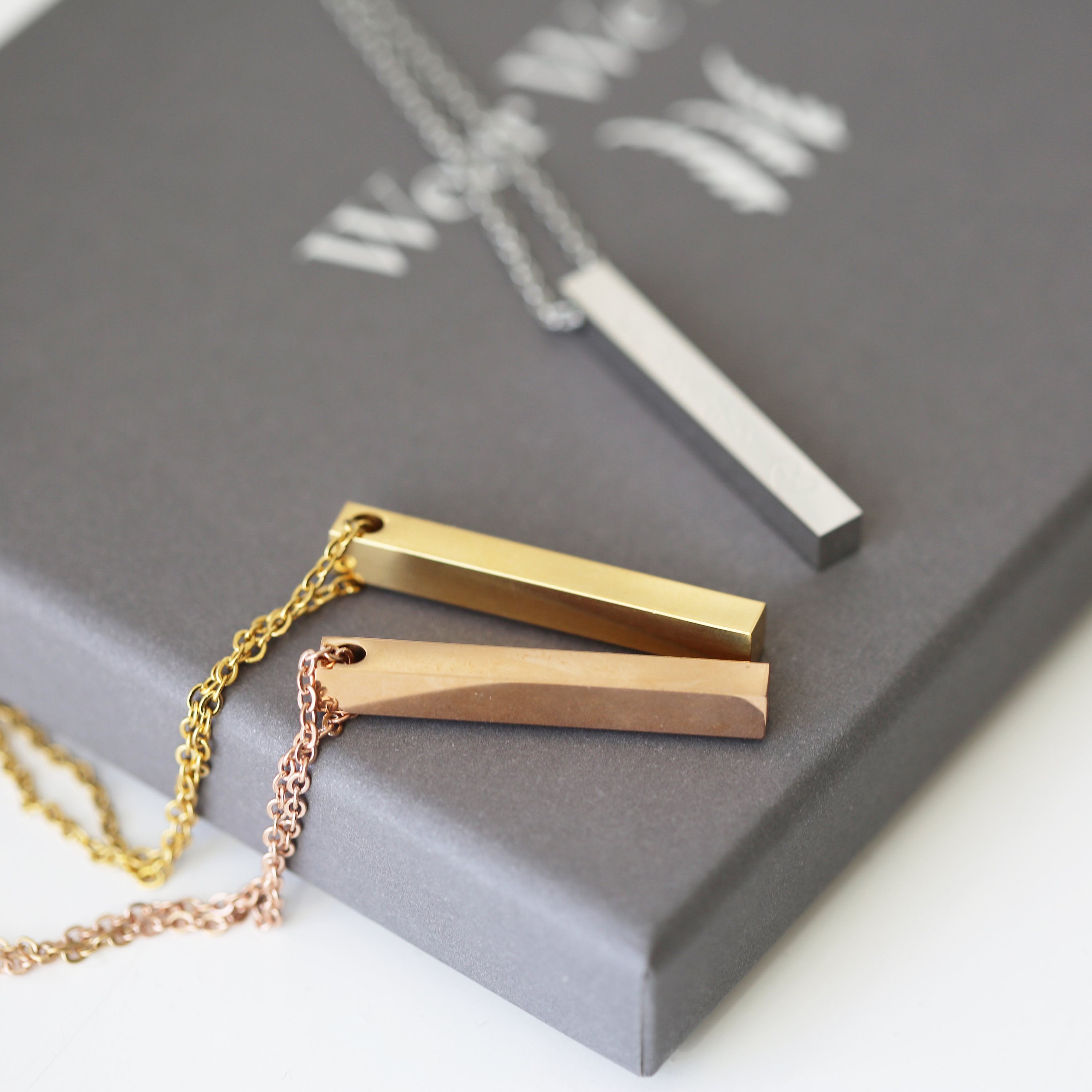 Handwriting Bar Necklace in Silver, Gold, and Rose Gold with personalized engraving options.