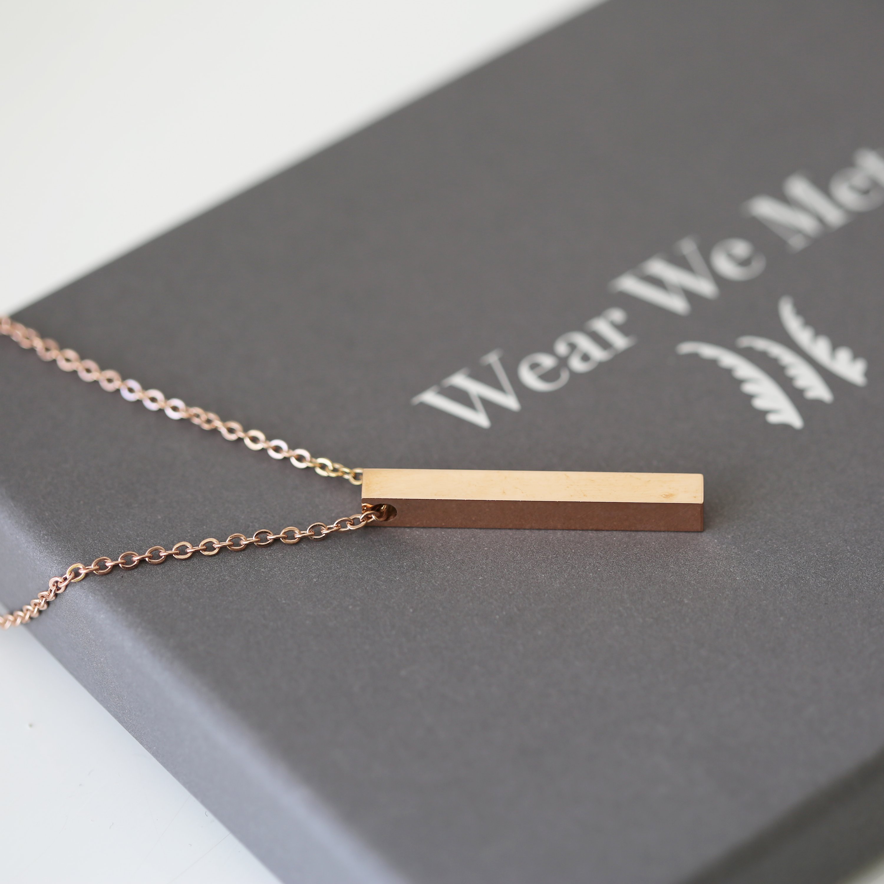 Handwriting Bar Necklace in Silver, Gold, and Rose Gold with personalized engraving options.