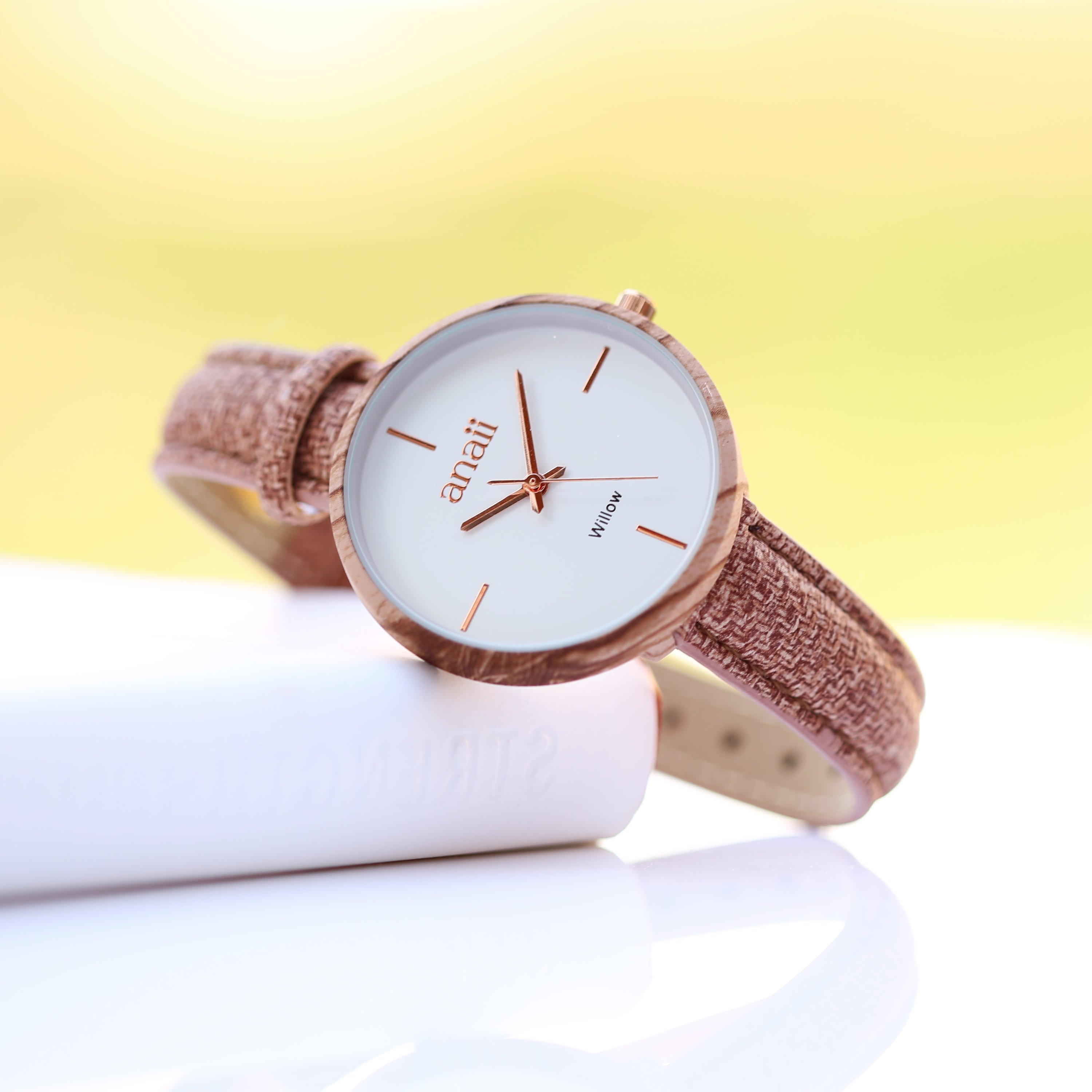 Handwriting Engraving Anaii Watch in Hazel Wood with Sweet Pink strap and stainless steel case, showcasing personalized engraving.