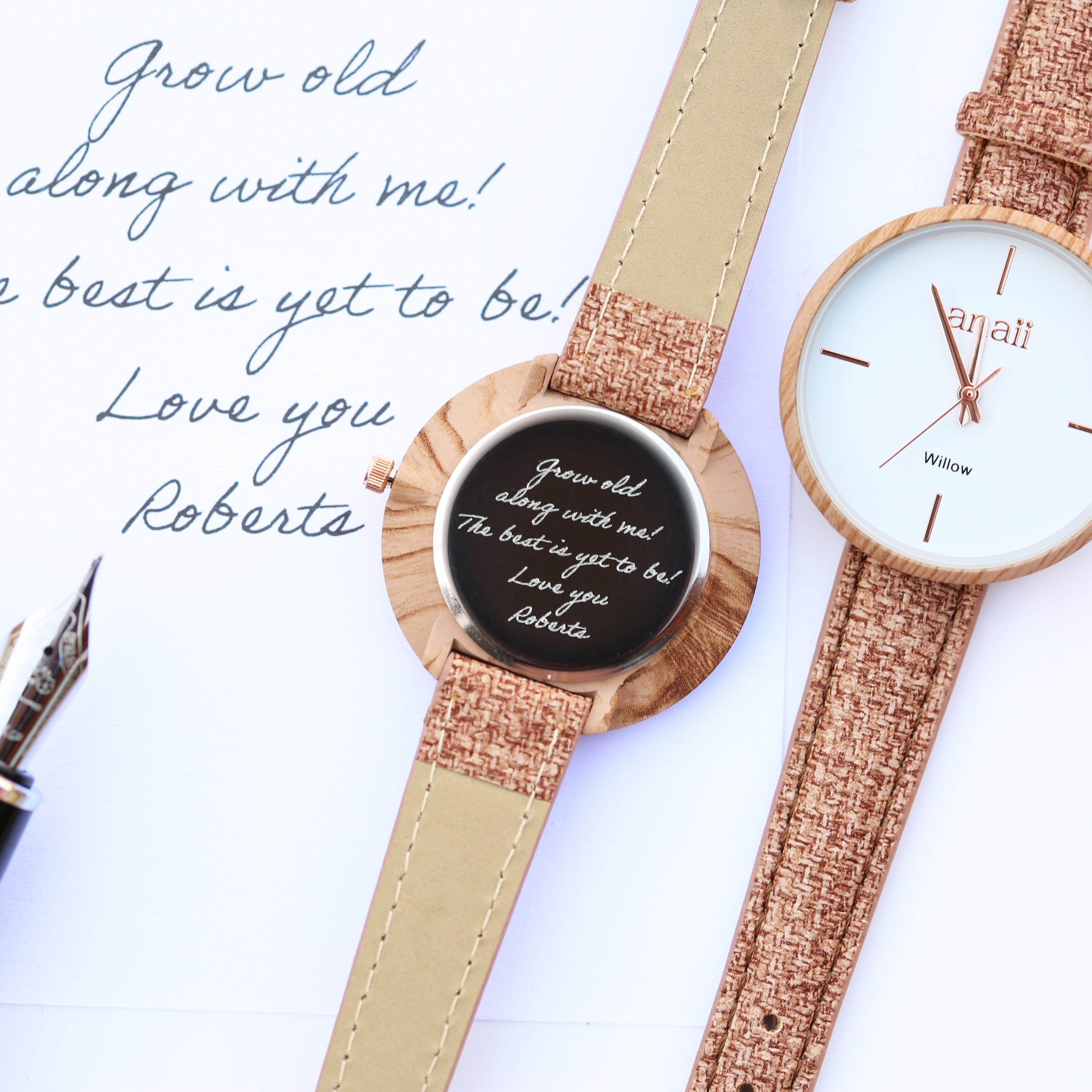 Handwriting Engraving Anaii Watch in Hazel Wood with Sweet Pink strap and stainless steel case, showcasing personalized engraving.