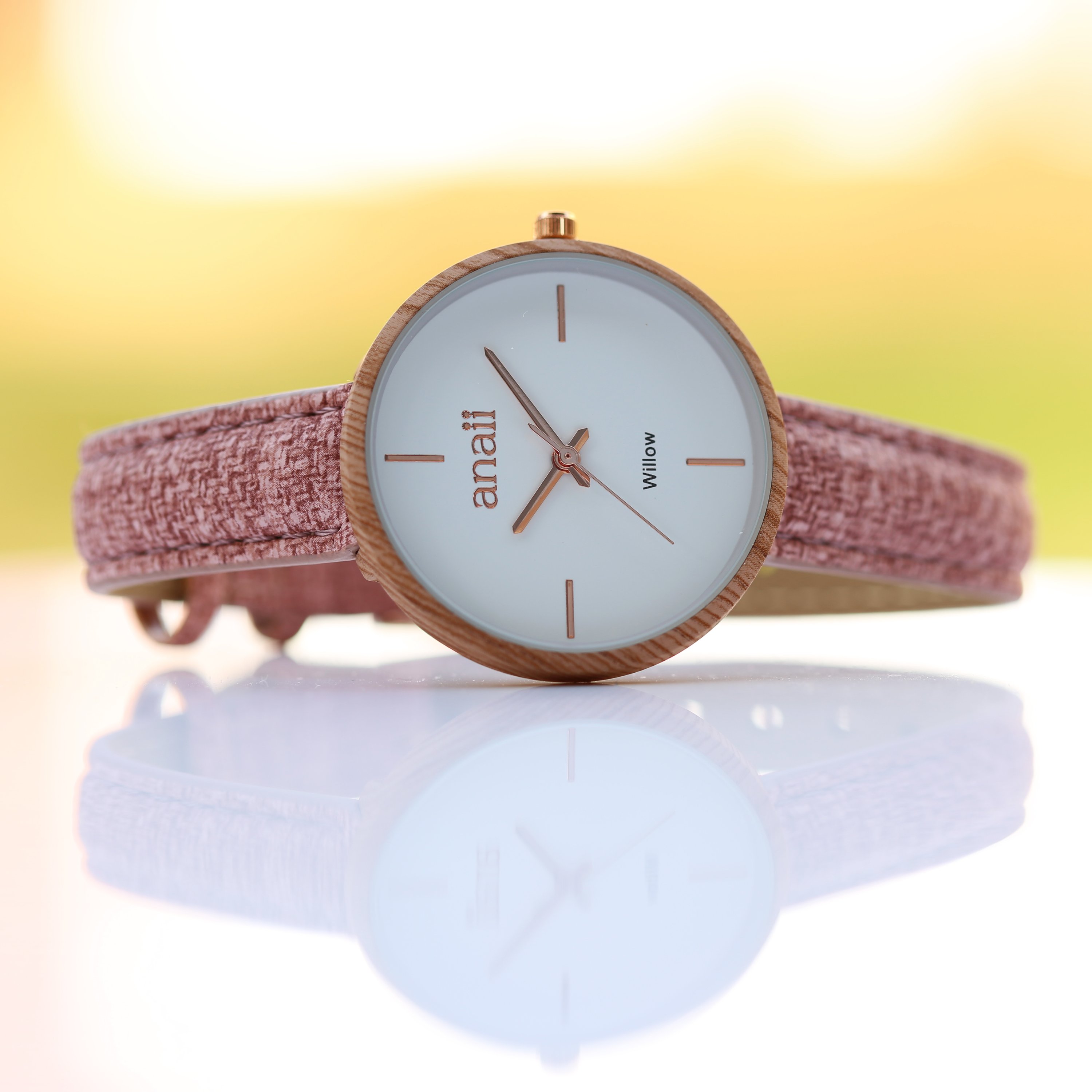 Handwriting Engraving Anaii Watch in Sweet Pink with a minimalist design and adjustable stainless steel strap.