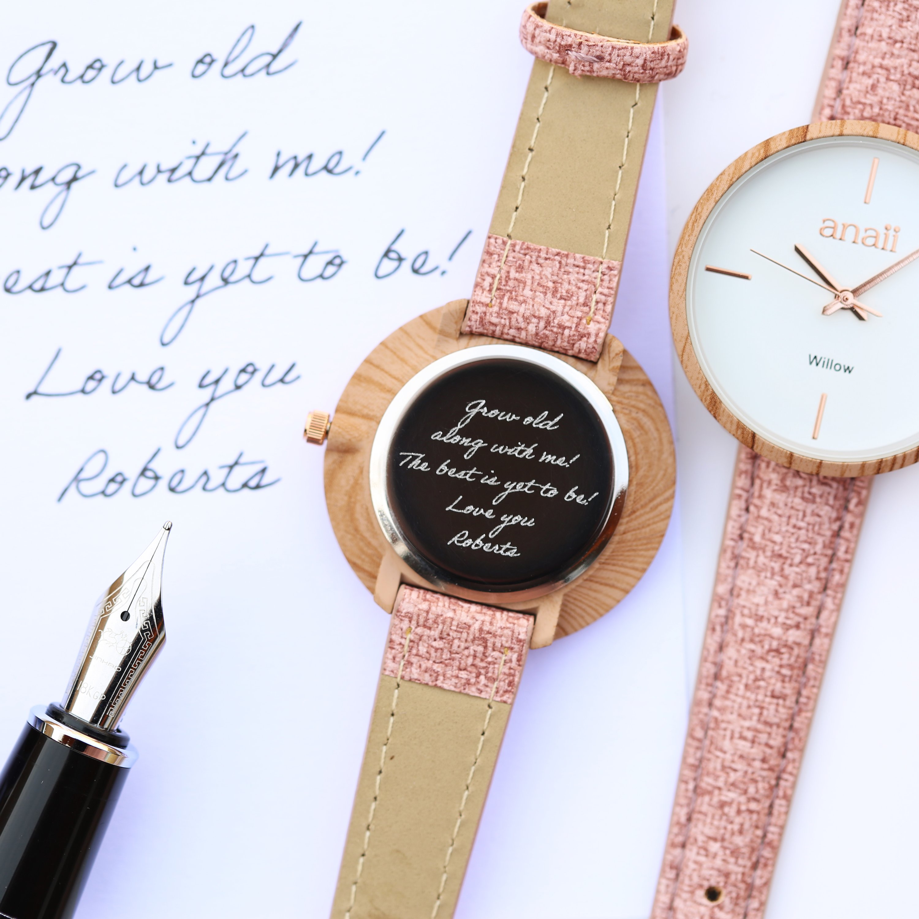 Handwriting Engraving Anaii Watch in Sweet Pink with a minimalist design and adjustable stainless steel strap.