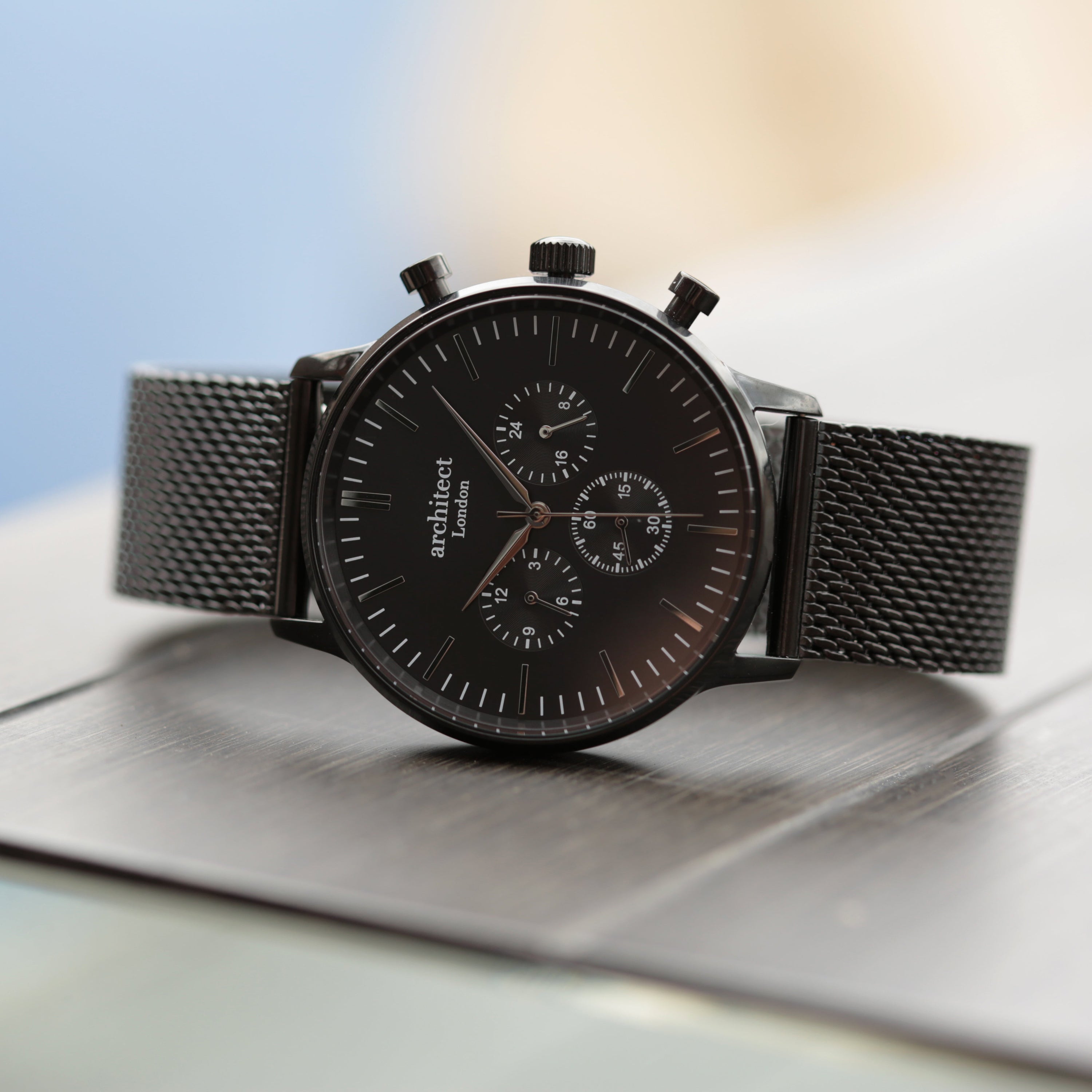 Handwriting Engraving Men's Architect Motivator Watch featuring a black face and black Milanese mesh strap, showcasing personalized engraving.