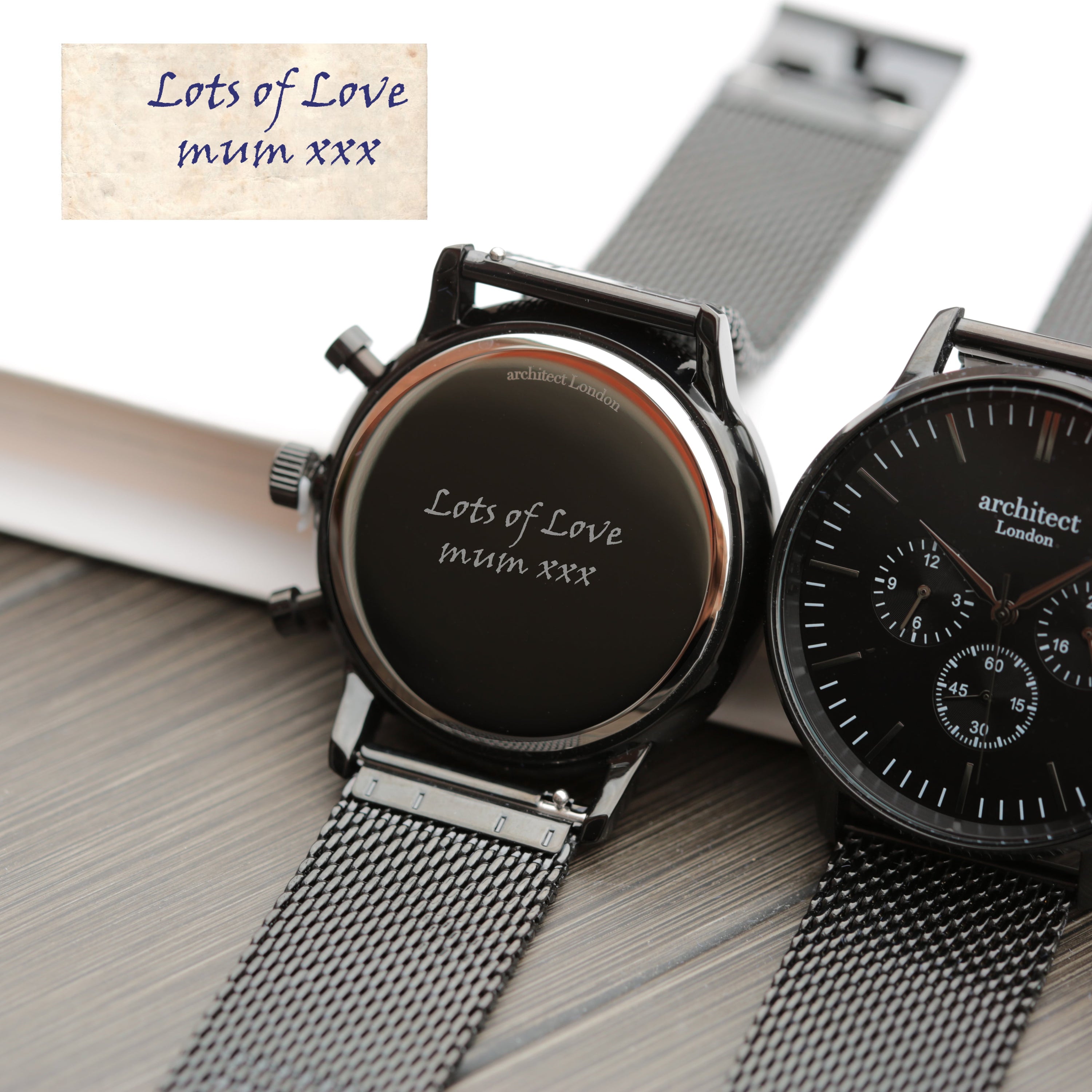 Handwriting Engraving Men's Architect Motivator Watch featuring a black face and black Milanese mesh strap, showcasing personalized engraving.