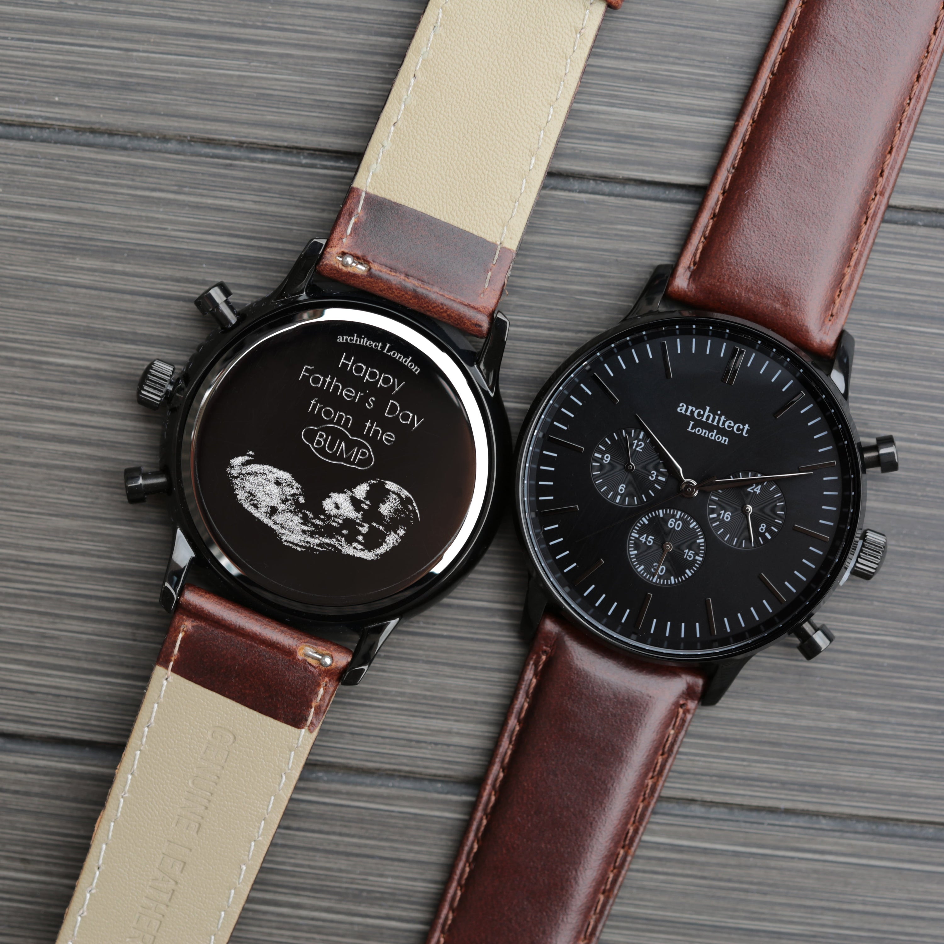 Men's Architect Motivator Watch with black face and walnut leather strap, featuring engraving area for personalisation.