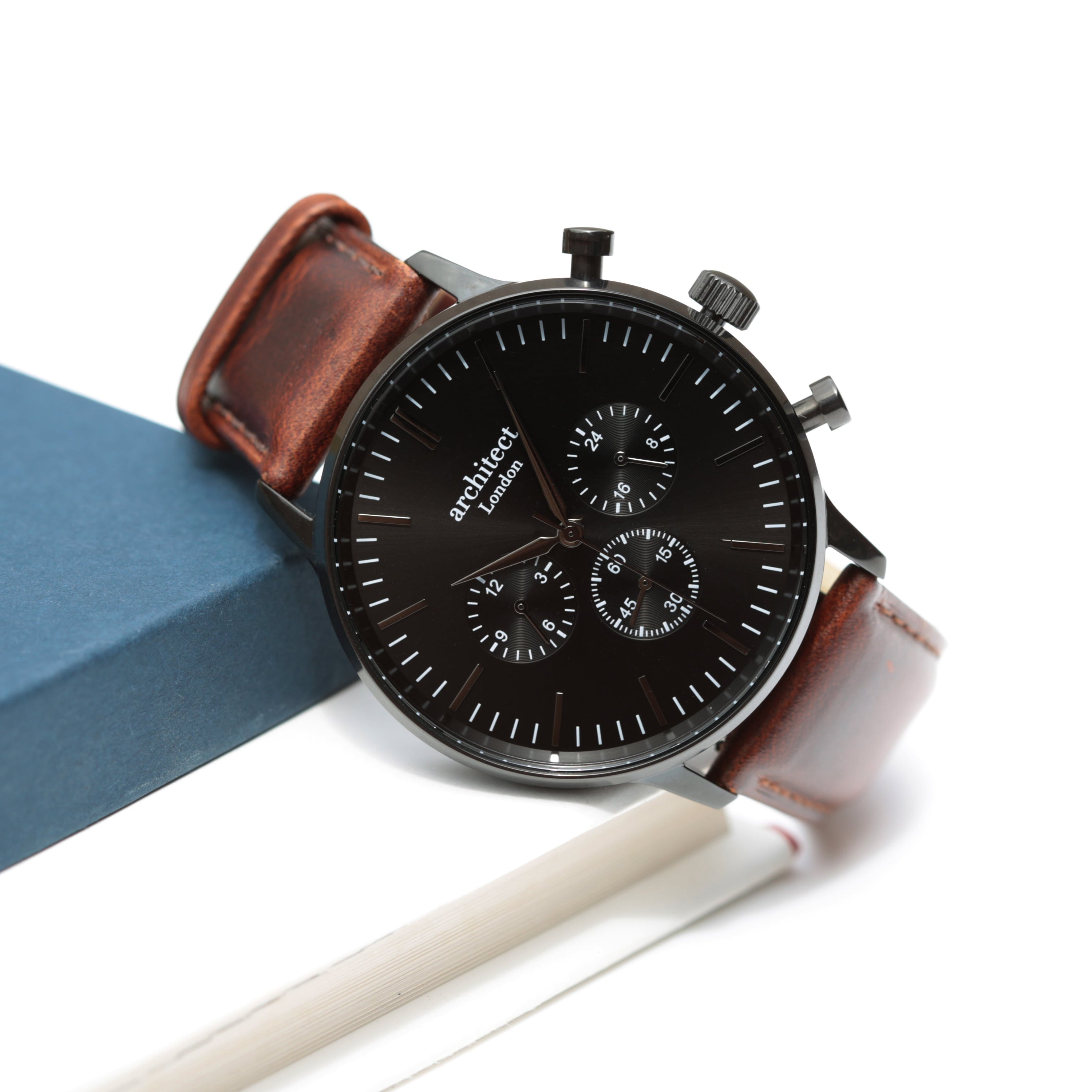 Men's Architect Motivator Watch with black face and walnut leather strap, featuring engraving area for personalisation.