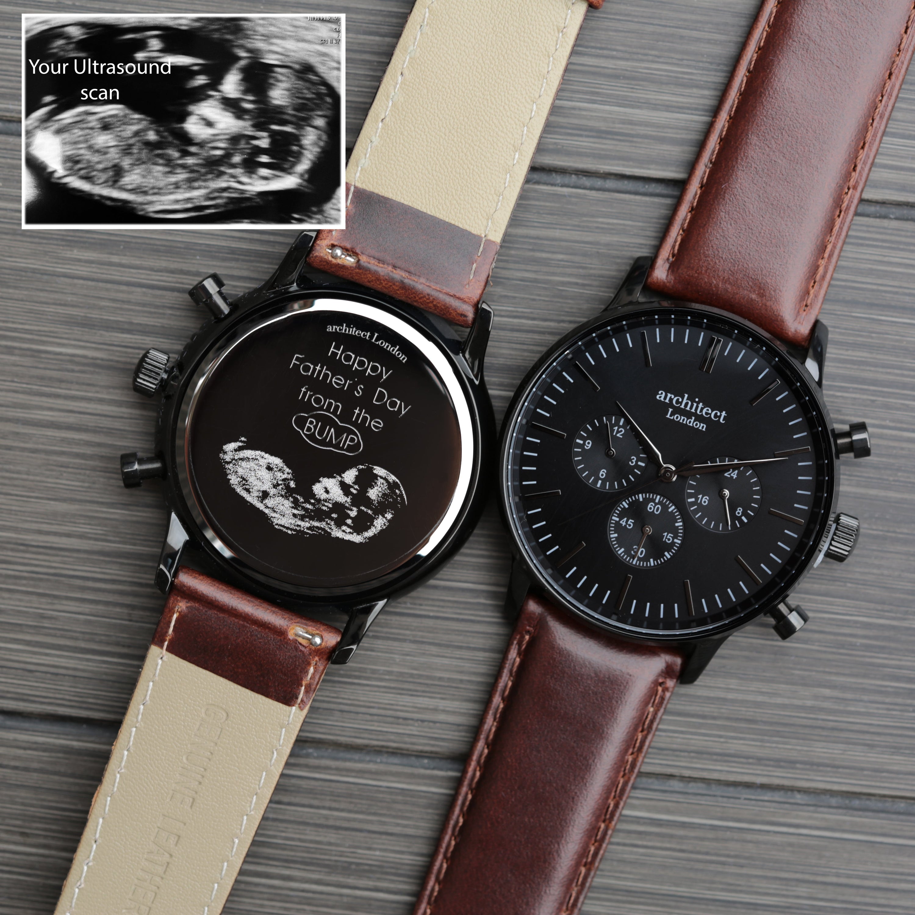 Men's Architect Motivator Watch with black face and walnut leather strap, featuring engraving area for personalisation.