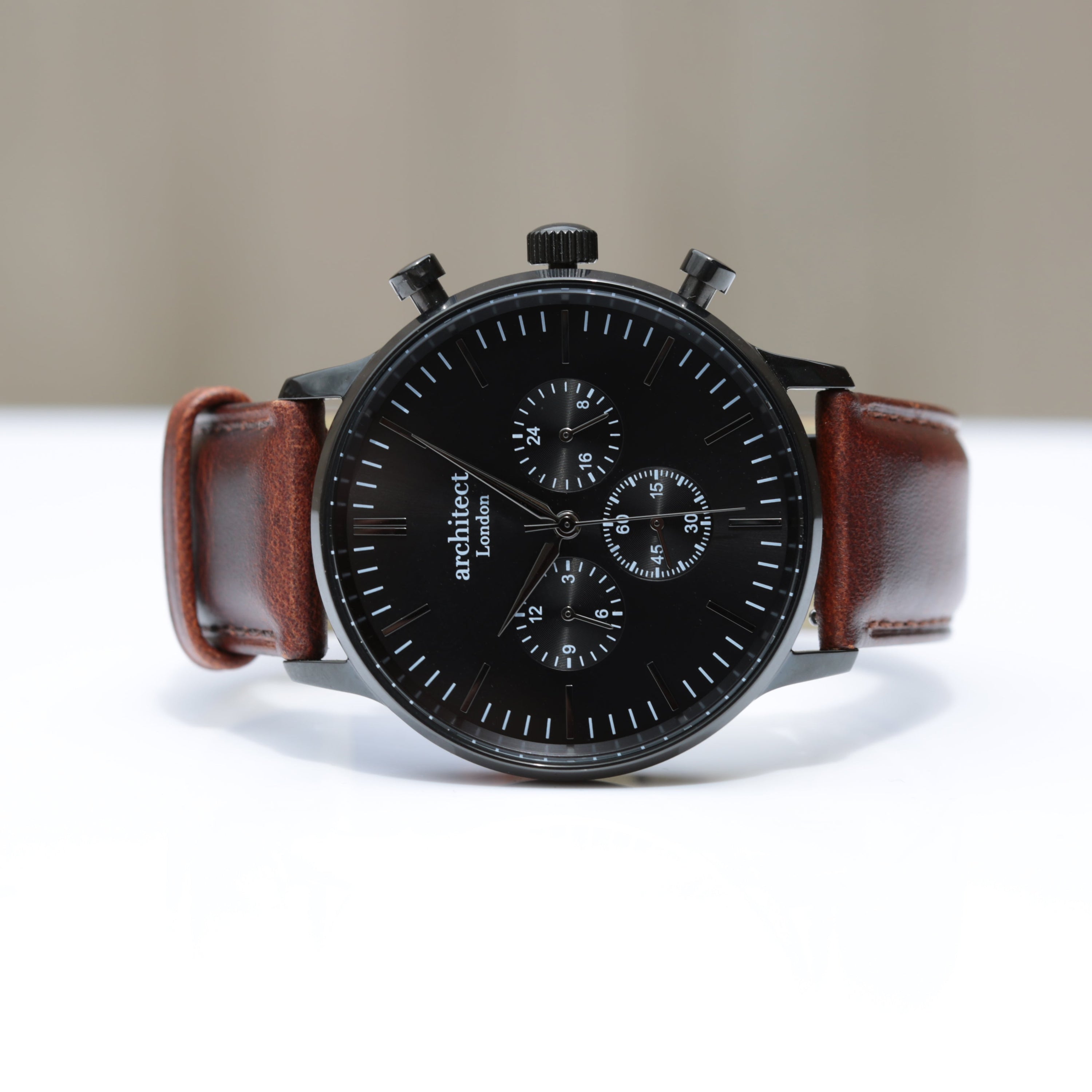 Men's Architect Motivator Watch with black face and walnut leather strap, featuring engraving area for personalisation.