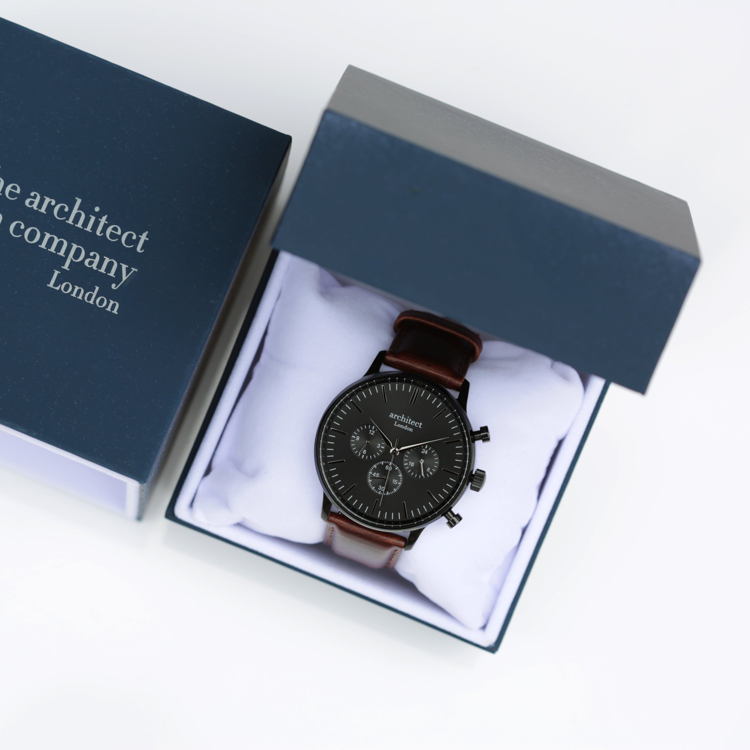 Men's Architect Motivator Watch with black face and walnut leather strap, featuring engraving area for personalisation.