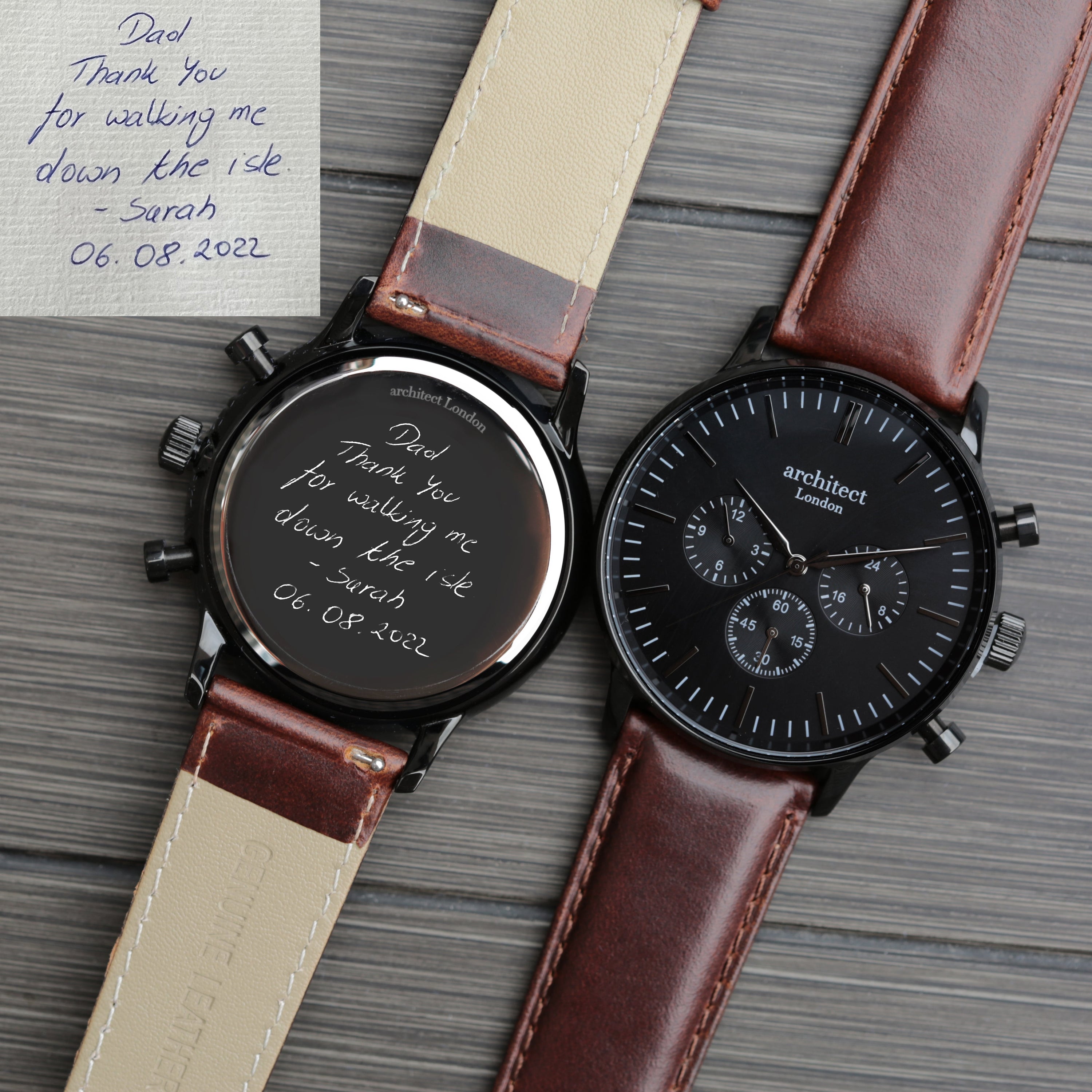 Men's Architect Motivator Watch with black face and walnut leather strap, featuring engraving area for personalisation.