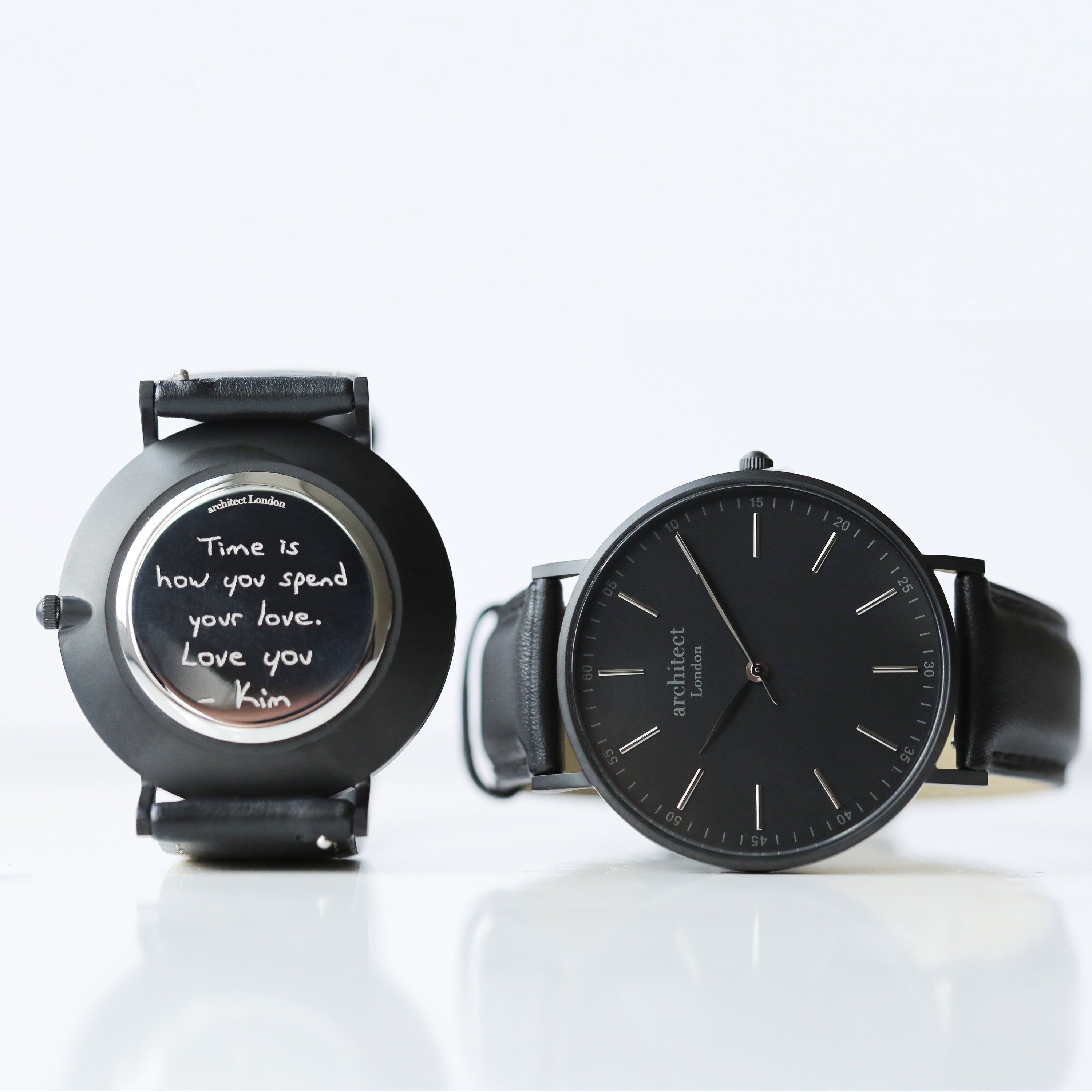 Handwriting Engraving Men's Minimalist Watch with Jet Black Strap, showcasing its sleek design and personalized engraving option.