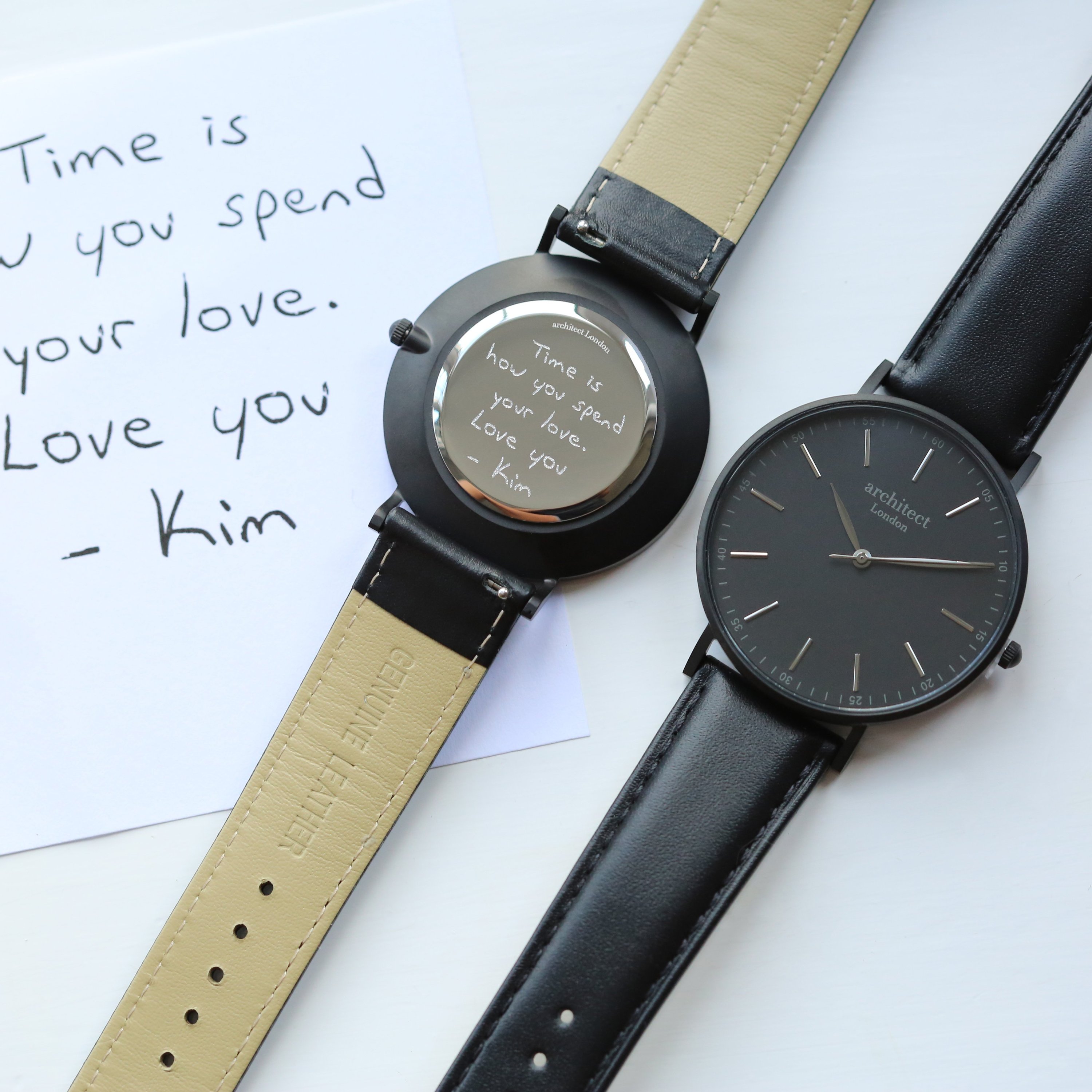 Handwriting Engraving Men's Minimalist Watch with Jet Black Strap, showcasing its sleek design and personalized engraving option.