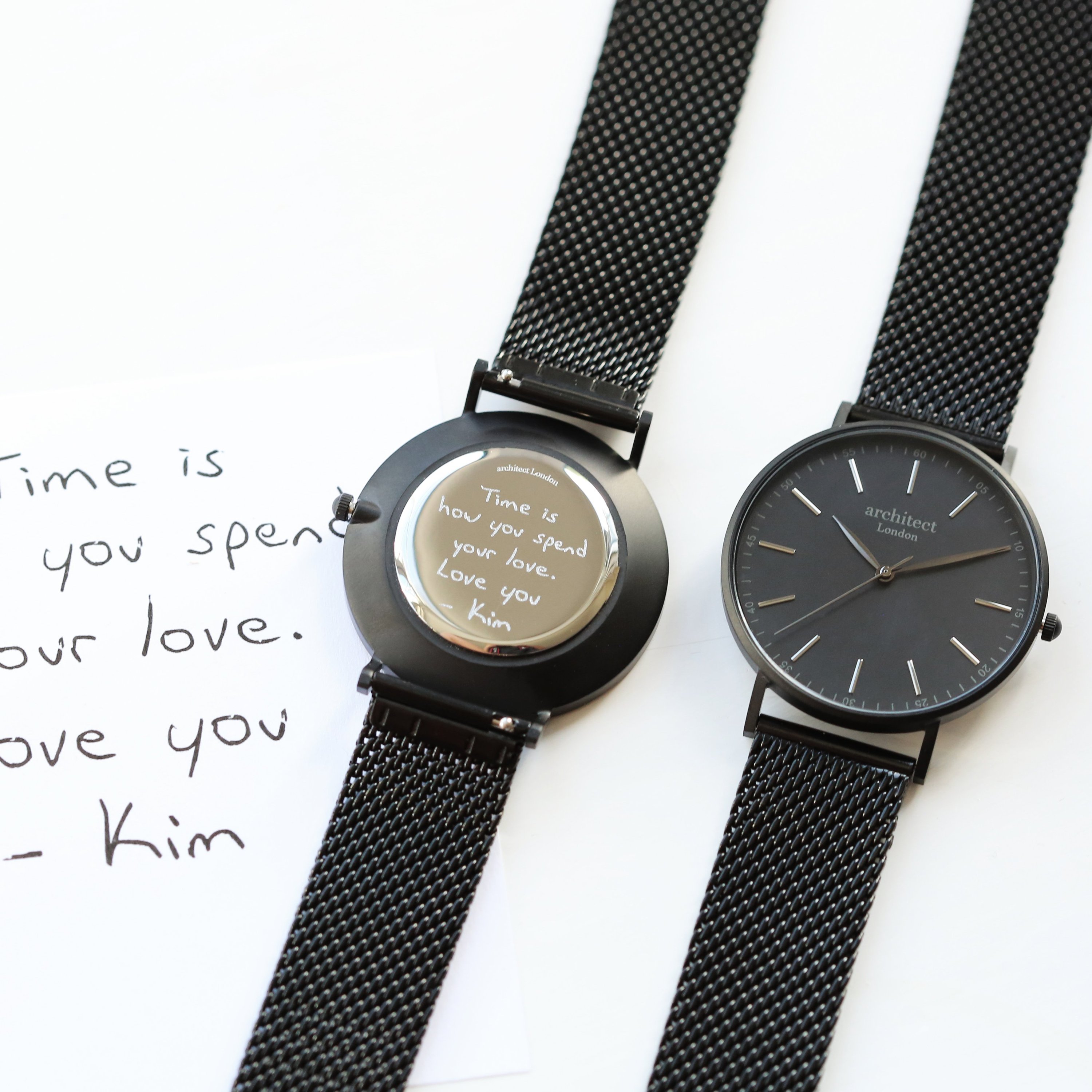 Handwriting Engraving Men's Minimalist Watch featuring a Pitch Black Mesh strap, showcasing its elegant design and personalized engraving option.