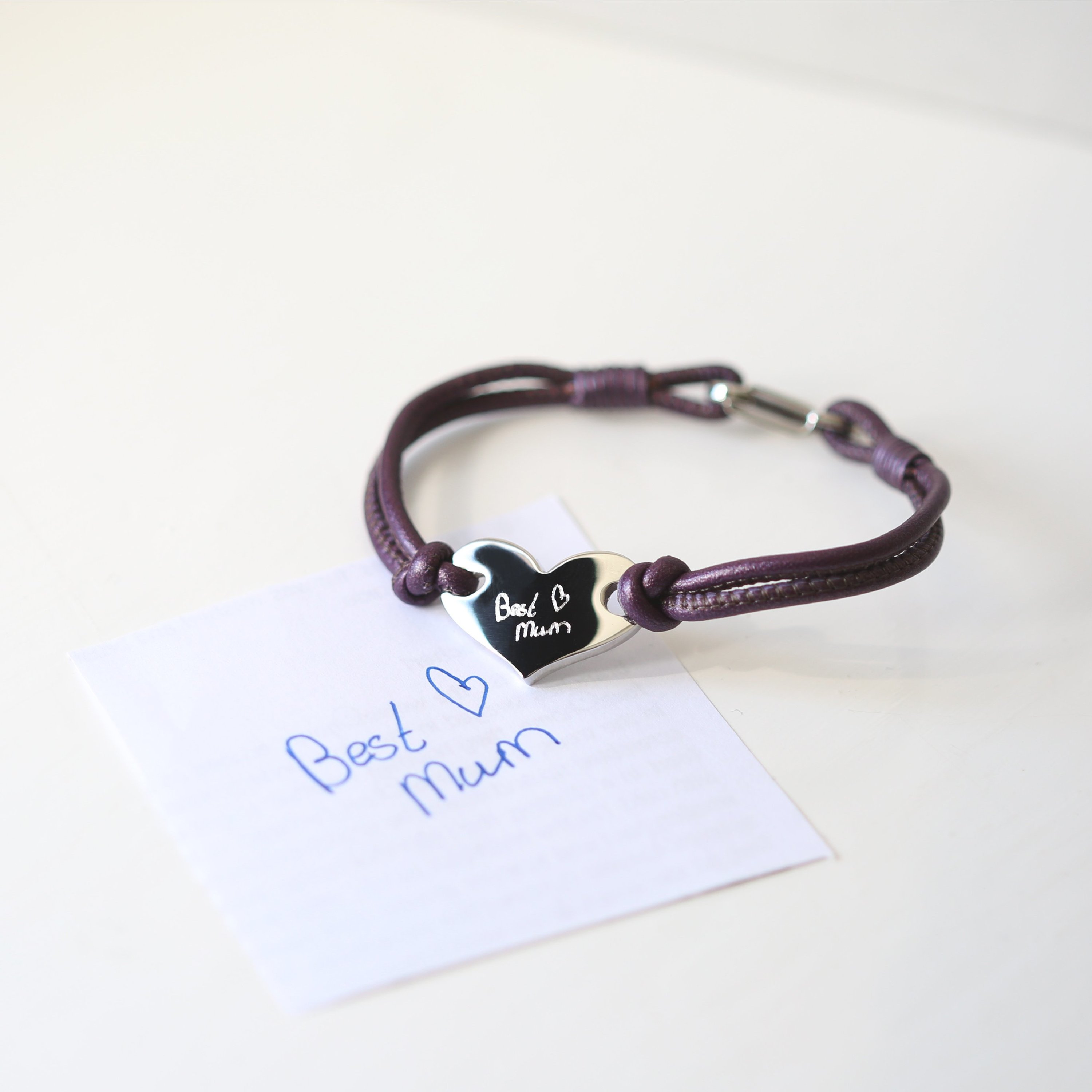 Handwriting Hearts Forever Bracelet in Berry color, featuring a silver heart and made from genuine leather.