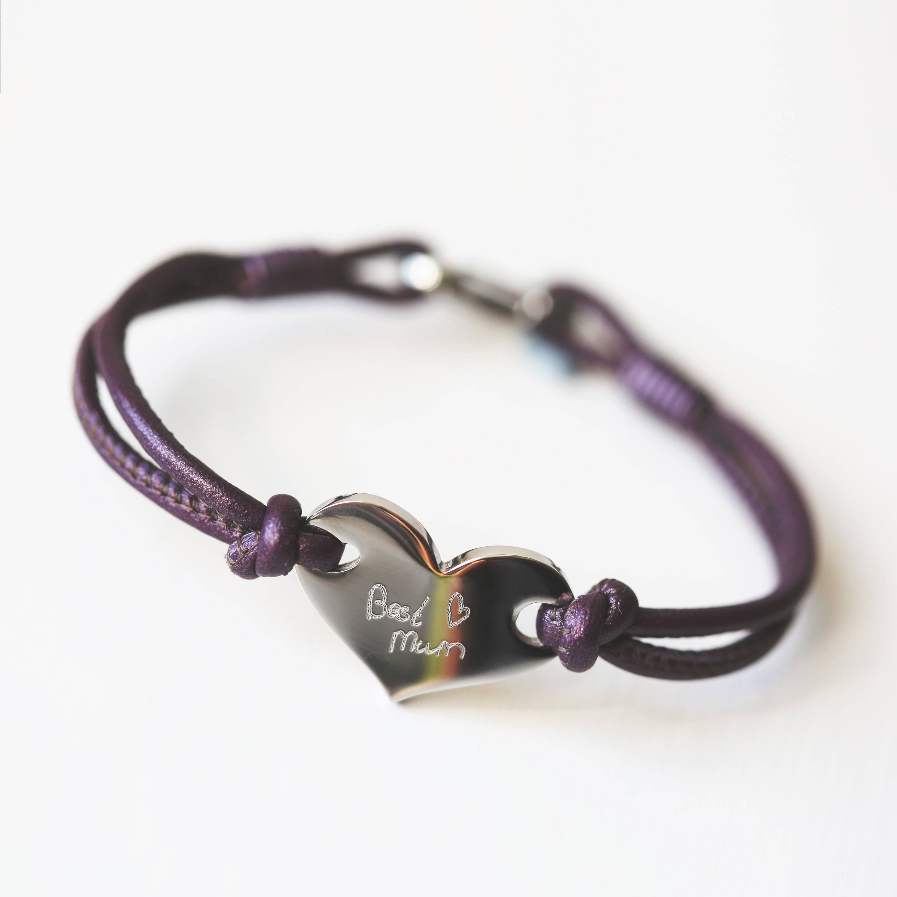 Handwriting Hearts Forever Bracelet in Berry color, featuring a silver heart and made from genuine leather.